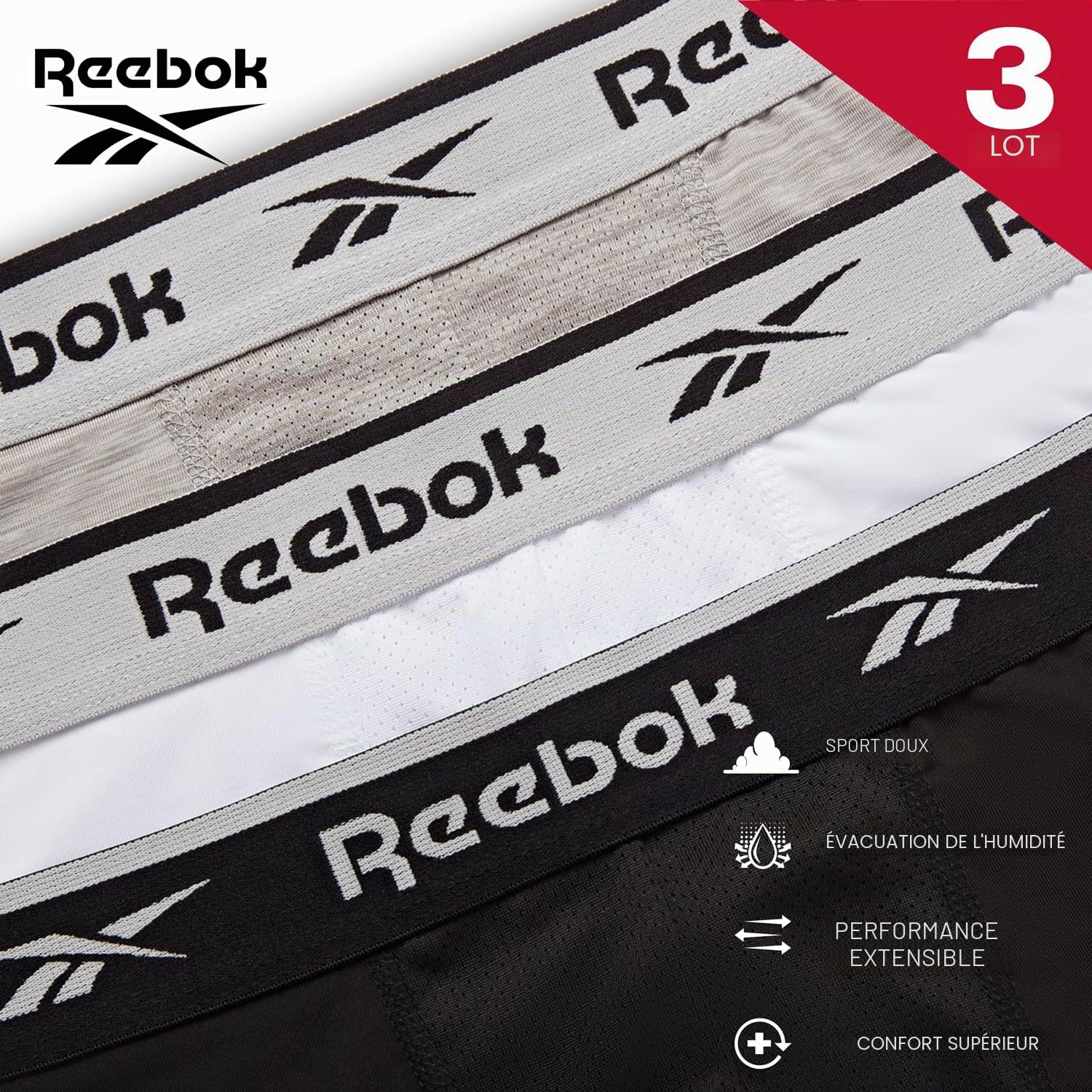 Reebok Boxers Ainslie pour Homme | Lot de 3 Boxers de Sport Respirants et Extensibles | sous-vêtements pour Homme | Boxers en lot