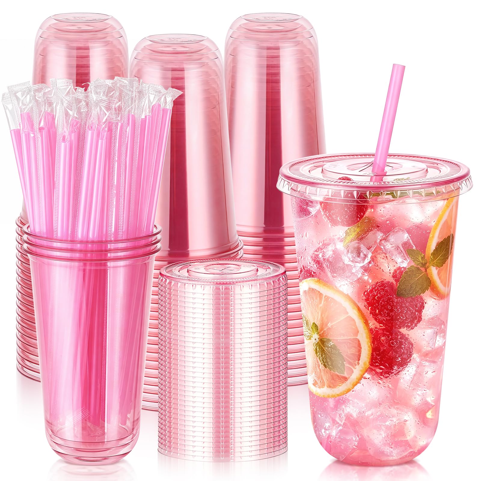 KesaPlan 50 Pack 16 oz Pink Plastic Party Cups with Lids and Straws — Amazon image 17
