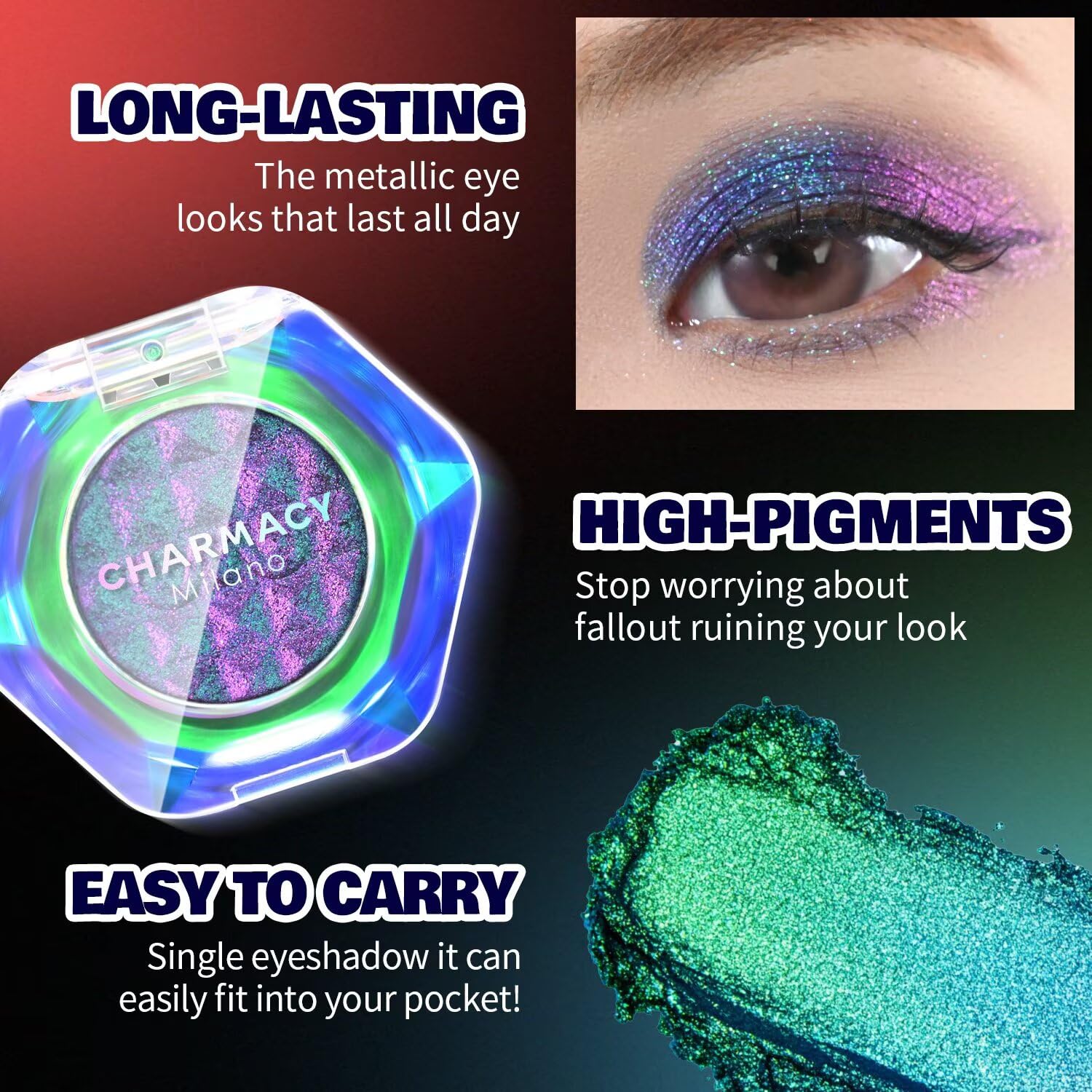 CHARMACY Multichrome Glitter Eyeshadow, Intense Pigmentation Chameleon Sparkling Eyeshadow, Bright Highlighter Duochrome Eye Make Up, Multi-Reflective Finishes Glitter Metallic Eye Makeup #05: 102-Ocean Mirage 0.04 Ounce (Pack of 1)