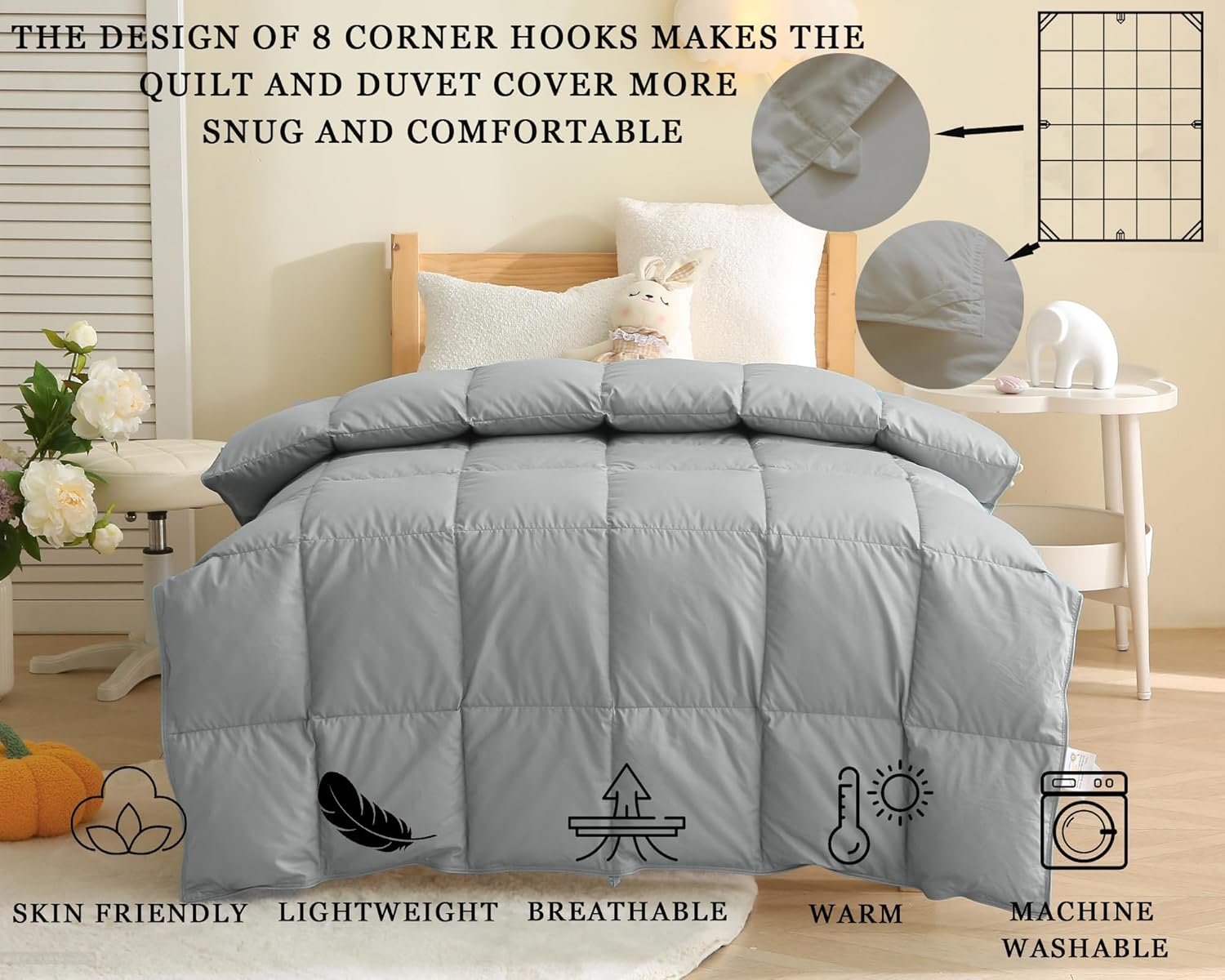 Crib/Toddler Comforter, 100% White Goose Down All Season Toddler Blanket,Skin-Friendly Cotton Shell,Noiseless,Machine Washable (Gray, 41x48in)