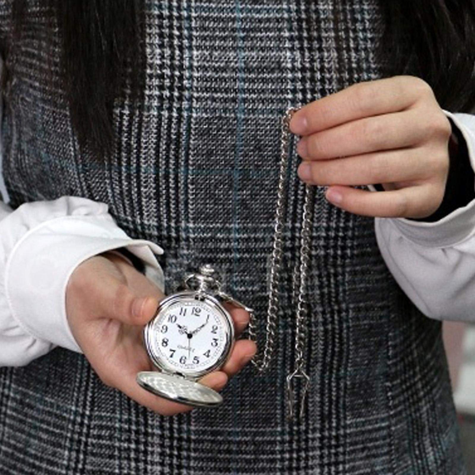 Relojes de Bolsillo, Reloj de Bolsillo clásico con Cadena Colgante Superficie Lisa(Silver)