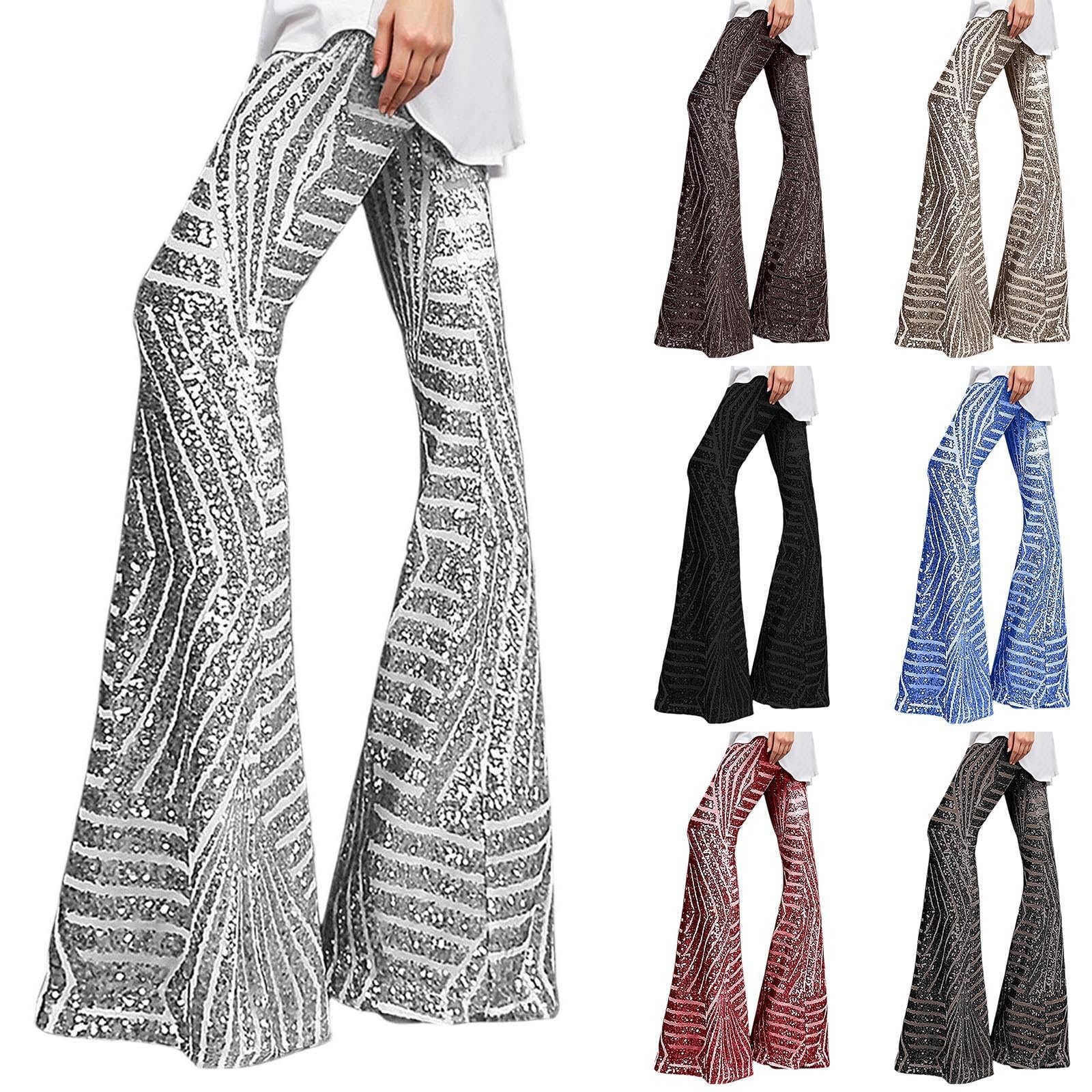 Pantaloni a zampa da donna con paillette, a vita alta, a campana, per discoteca, discoteca, clubwear, eleganti leggings flared con glitter