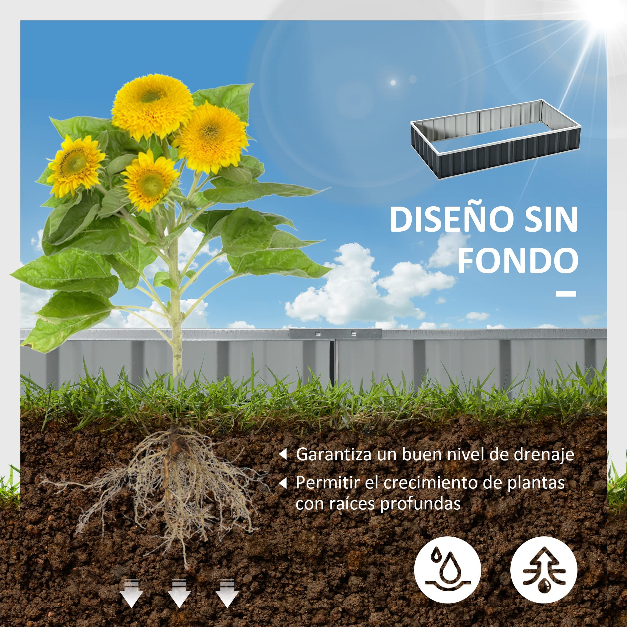 Outsunny Huerto Urbano Arriate de Jardín de Acero 174x90x30 cm Gris | Incluye Guantes; Jardinera Rectangular para Cultivos, Plantas y Flores en Terraza o Balcón