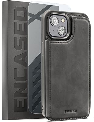 Encased Wallet Case for iPhone 14 Plus with Card Holder Folio and Tempered Glass Screen Protector (2022 Release) Black