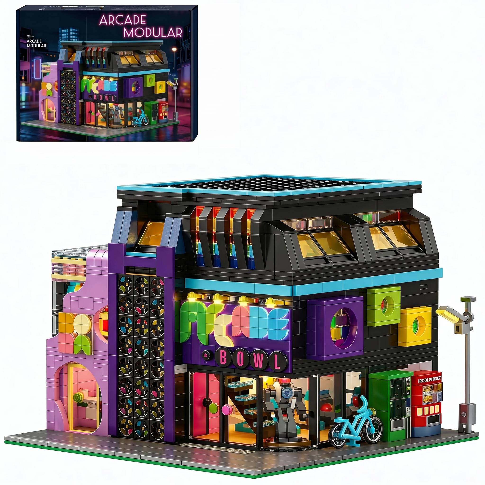Klemmbausteine Cyberpunk Spielhalle, 2600 Teile | Retro Arcade Modular Building, Zukünftige Stadt Haus Bausatz für Erwachsene, Kompatibel mit Barweer BWR004