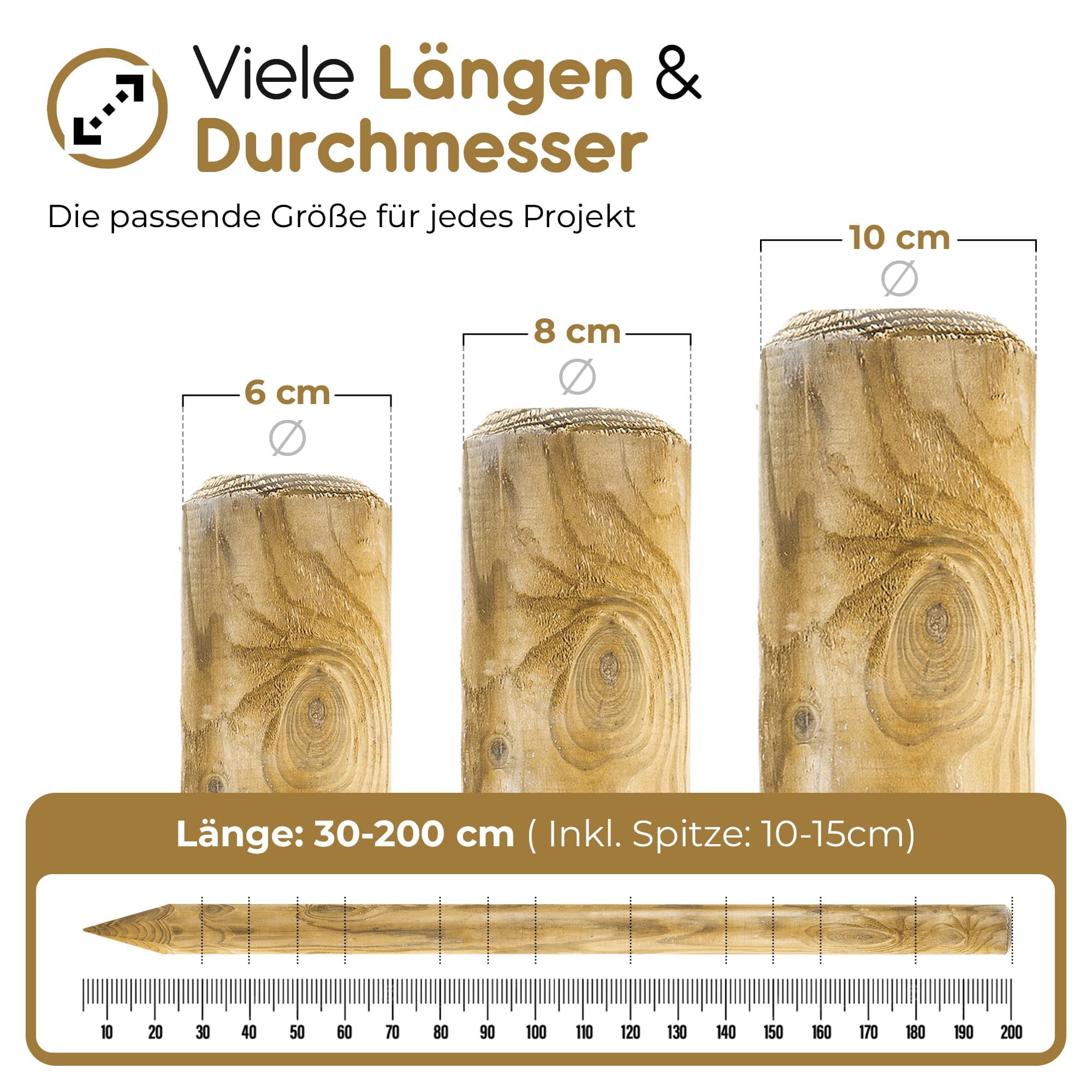 BooGardi Postes de madera · 39 tamaños · Ø 10 cm Longitud: 90 cm 5 unidades · Estaca de madera seca KDI IV · Postes de madera redonda · Estaca redonda para valla de madera, valla de jardín y bancal