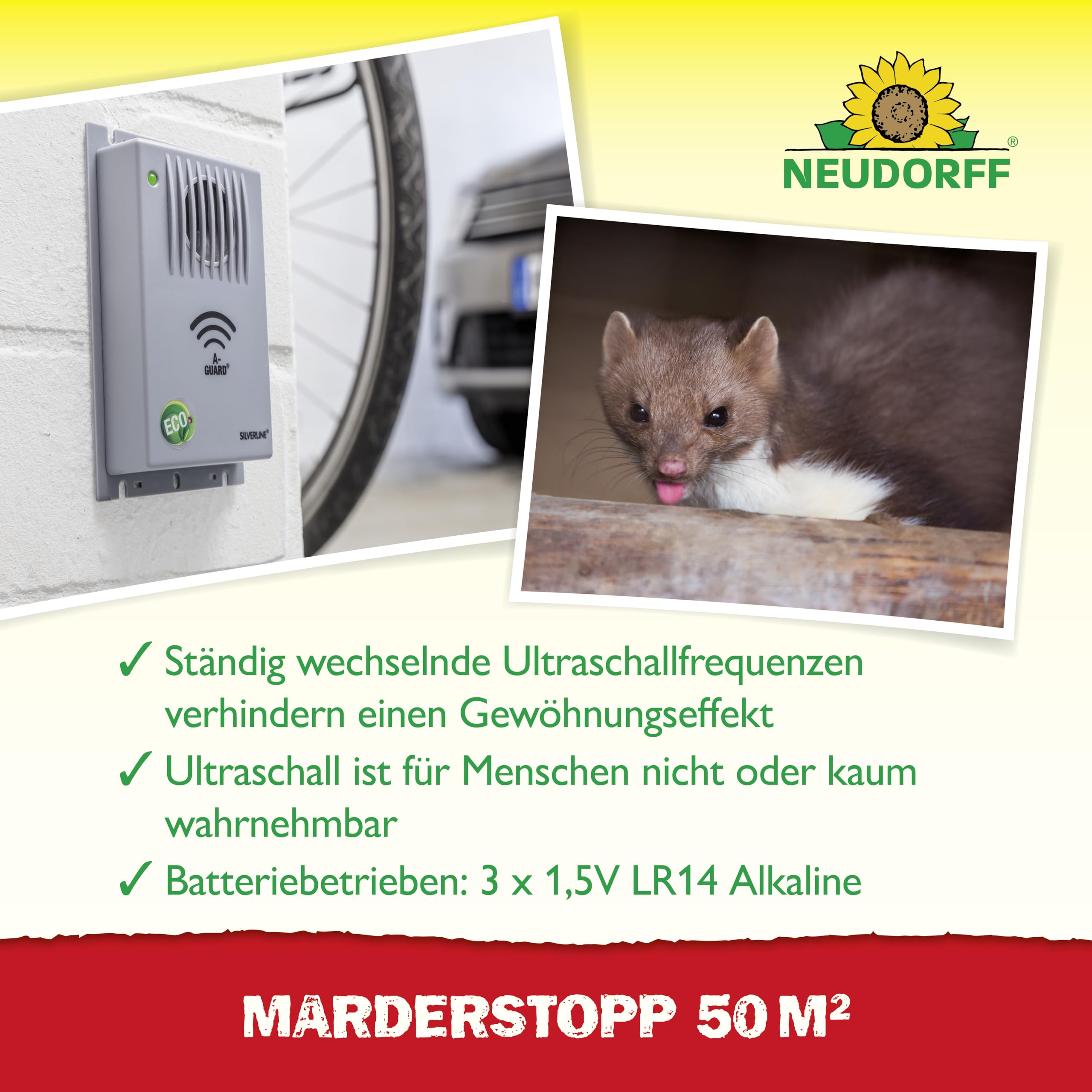 Neudorff MarderStopp 50m² - Vertreibt Marder sofort und dauerhaft aus Autos, Wohnwagen, Dachböden und Garagen. Anti Gewöhnungseffekt, batteriebetrieben, 1 Stück