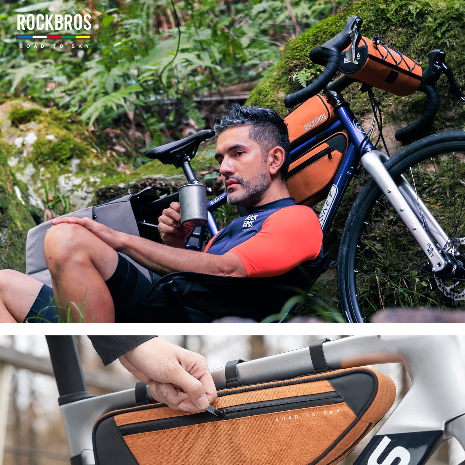 ROCKBROS Road to Sky Borsa Tubo Telaio Triangolo, Borsa Bicicletta Impermeabile per MTB Bici da Corsa, Triangolare da Telaio, Facile Installazione, Grande Capacità 2L