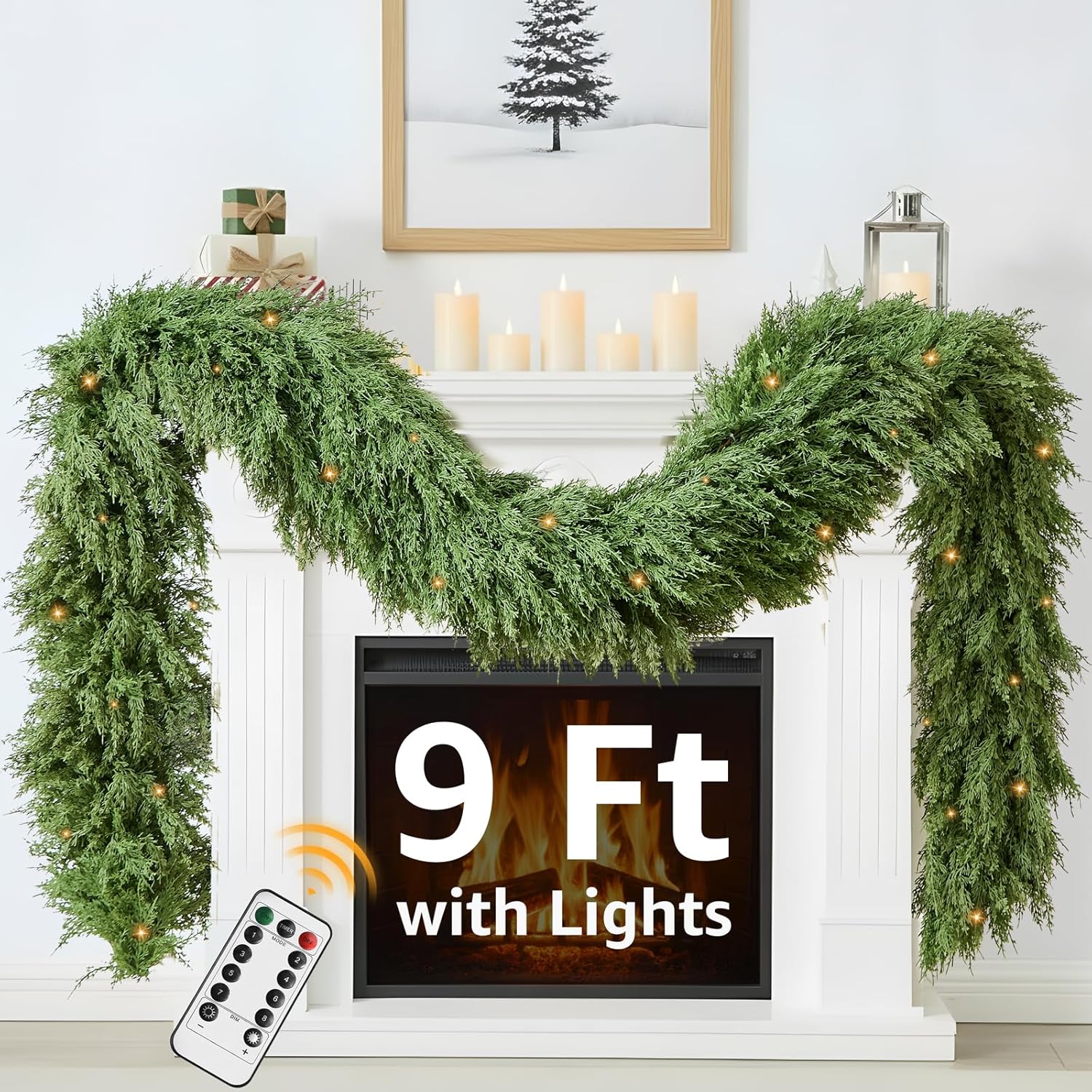 Cedar Christmas Garland with Lights for Mantle - Decorations 9 ft Realistic Lighted Faux Pine Garlands for Xmas Indoor Outdoor Prelit Decoration 9ft Garland for Door Stairs Railing Fireplace​