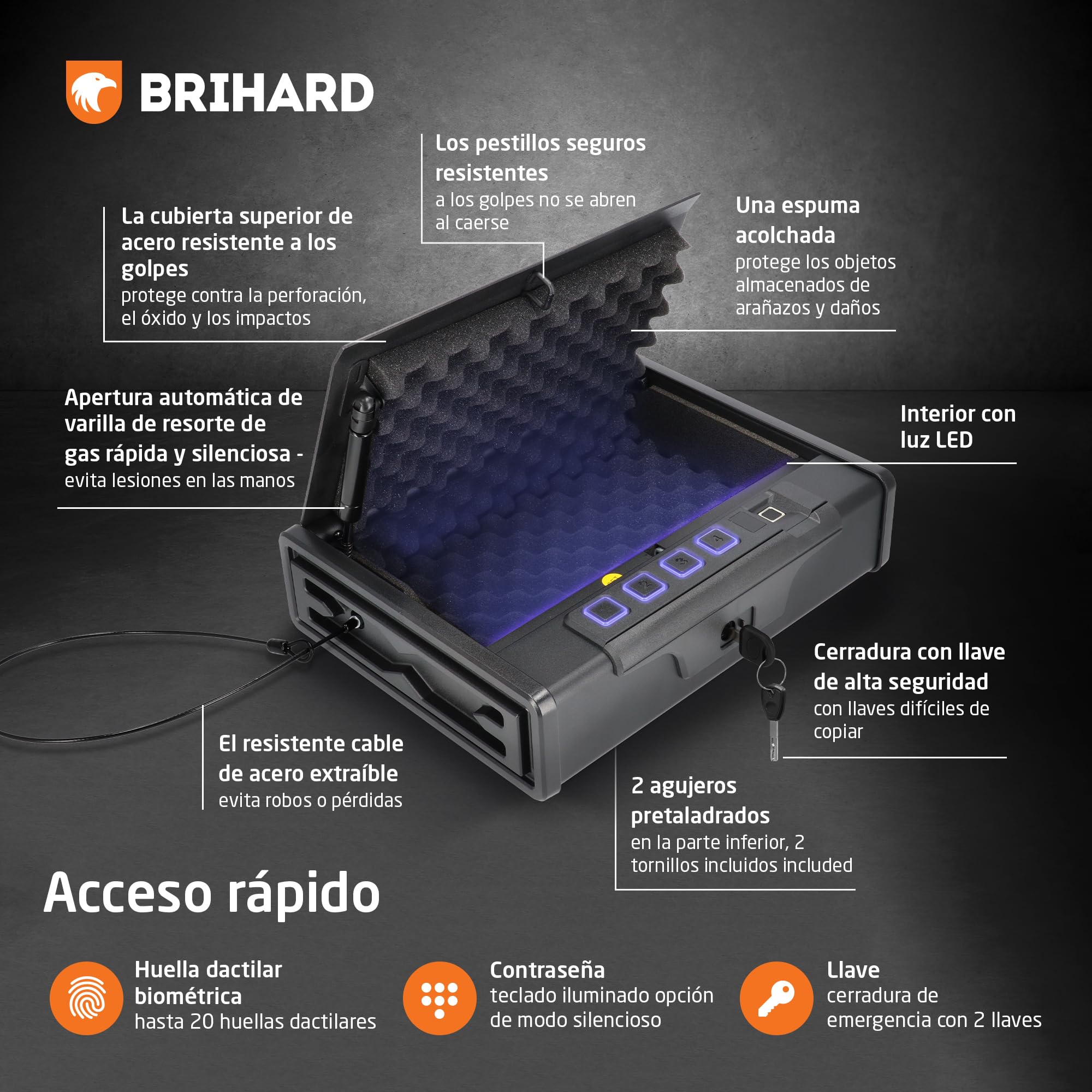 Caja fuerte portátil biométrica para pistola con lector de huellas dactilares y teclado retroiluminado, cable de acero