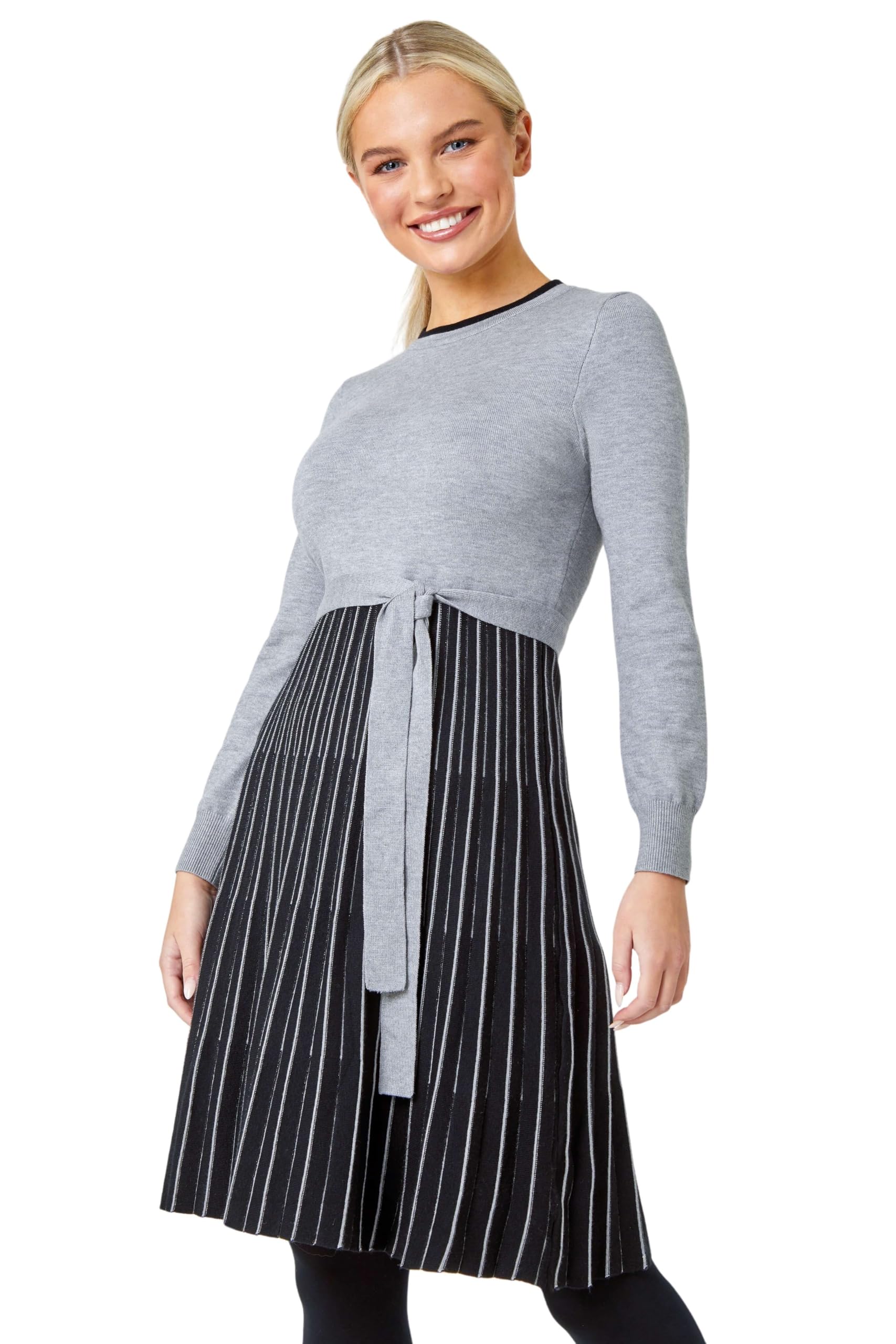 Roman Originals Women's Grey Roman Petite Knitted Fit & Flare Dress For Uk - Everyday Autumn Winter Round Neckline Comfy Soft Evening Vacation Work Party Night Out - Size 18
