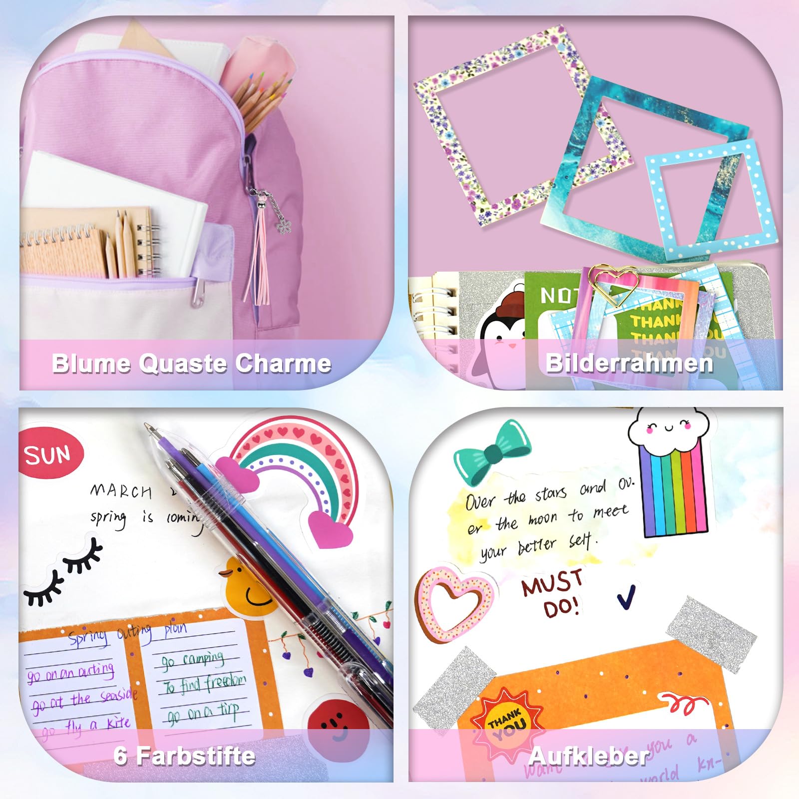 Herenear Scrapbook Mädchen, 92 Stück Scrapbook Zubehör Set mit A5 Notizbuch und Stickerbögen, DIY Tagebuch Set für Mädchen, Kreativset Bastelset Weihnachten Geschenk für Tween Kinder und Kinder
