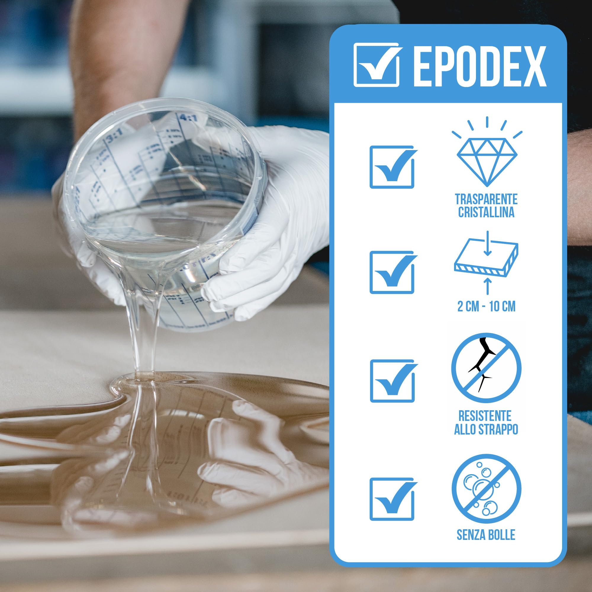 EPODEX Serie PRO, Resina epossidica trasparente kit cristallino per colate fino a 2cm, per rivestimenti, arte, fai da te, river table, lampade, gioielli e altro, 3kg