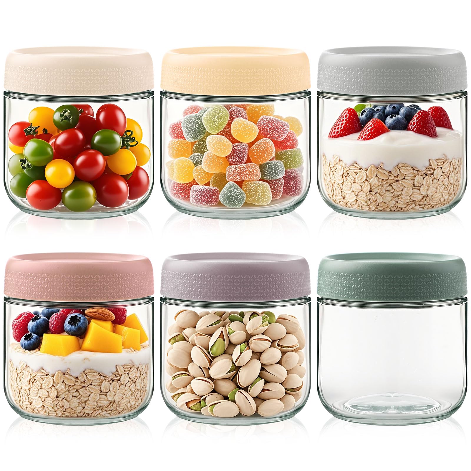 Jogoico Glass Jar with Screw Lid Leakproof 6 Pack Overnight Oats Container 10 oz Reusable Portable Breakfast Cups Yoghurt Pots for Salad Fruit Pudding Jam