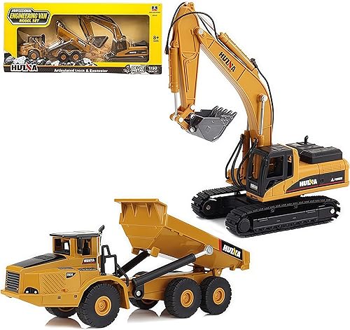 Gemini&Genius Juego de 2 piezas de vehículos de construcción, camión volquete y excavadora, de metal pesado, escala 1/50, excavadora y descargadora