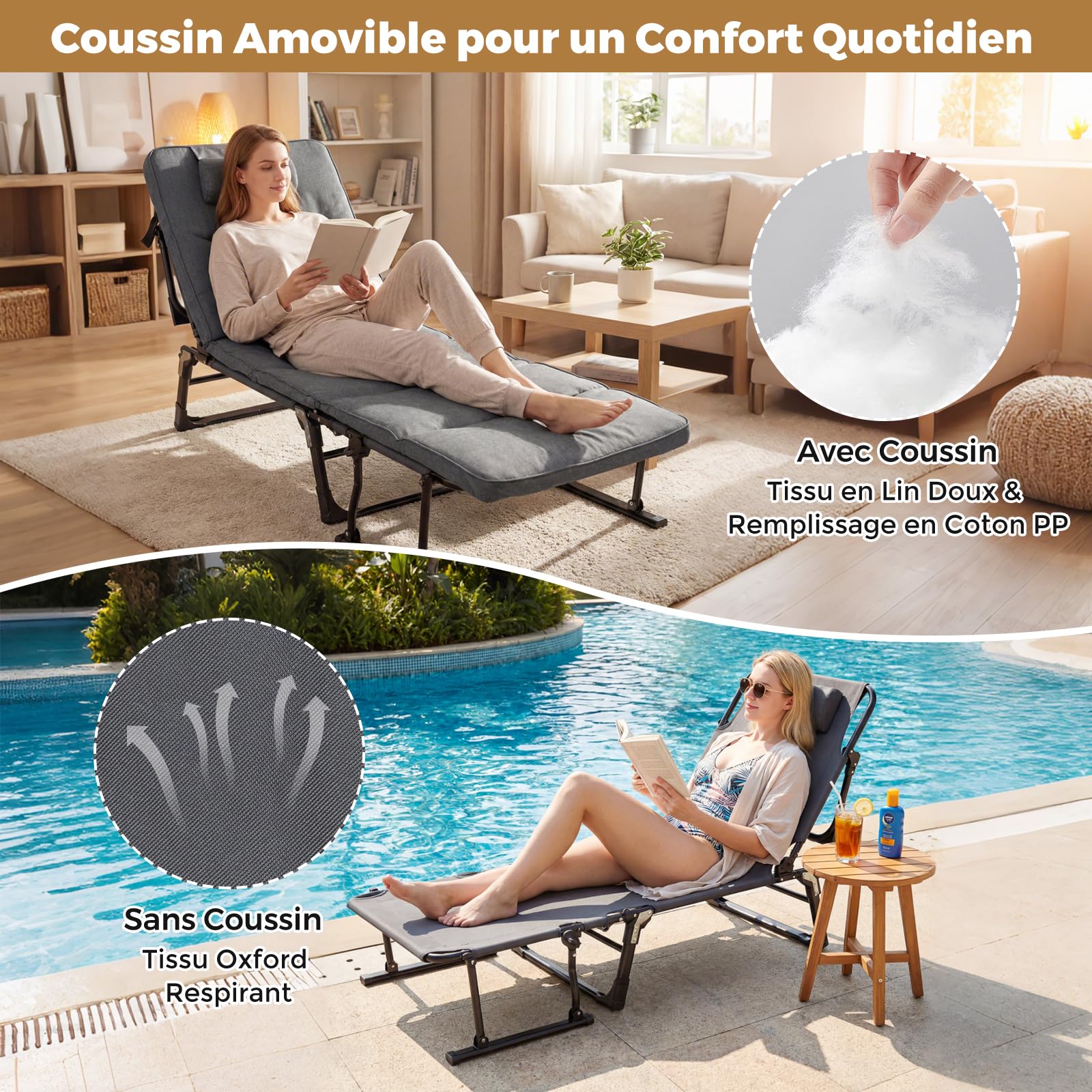 COSTWAY Lit de Camp Pliable 1 Personne, Fauteuil Convertible, Dossier Réglable à 6 Positions, Coussin Intégré, Cadre en Métal, Lit Pliante pour Camping Cour Bureau, Charge 200 kg