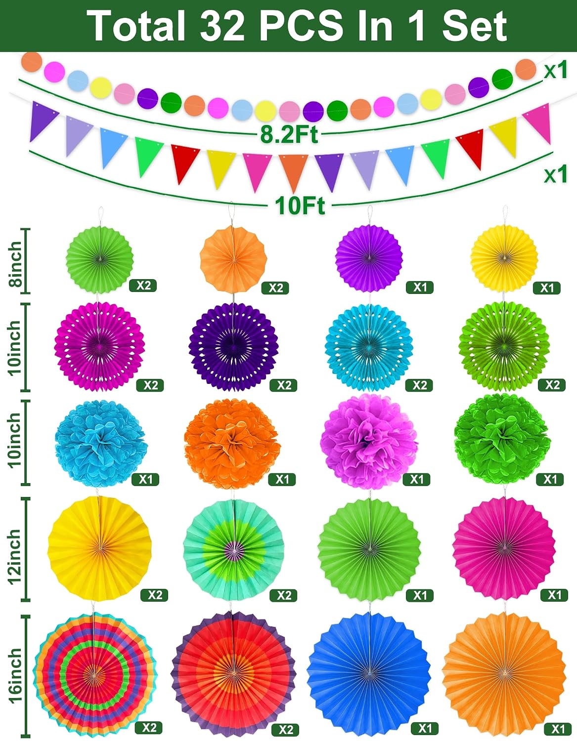 TURNMEON 32 Pcs Fiesta Party Decorations, Mexican Party Decorations 26 Colorful Hanging Paper Fans 4 Pom Poms Pennant Garland String for Mexican Decorations Photo Props Carnival Birthday Taco Tuesday