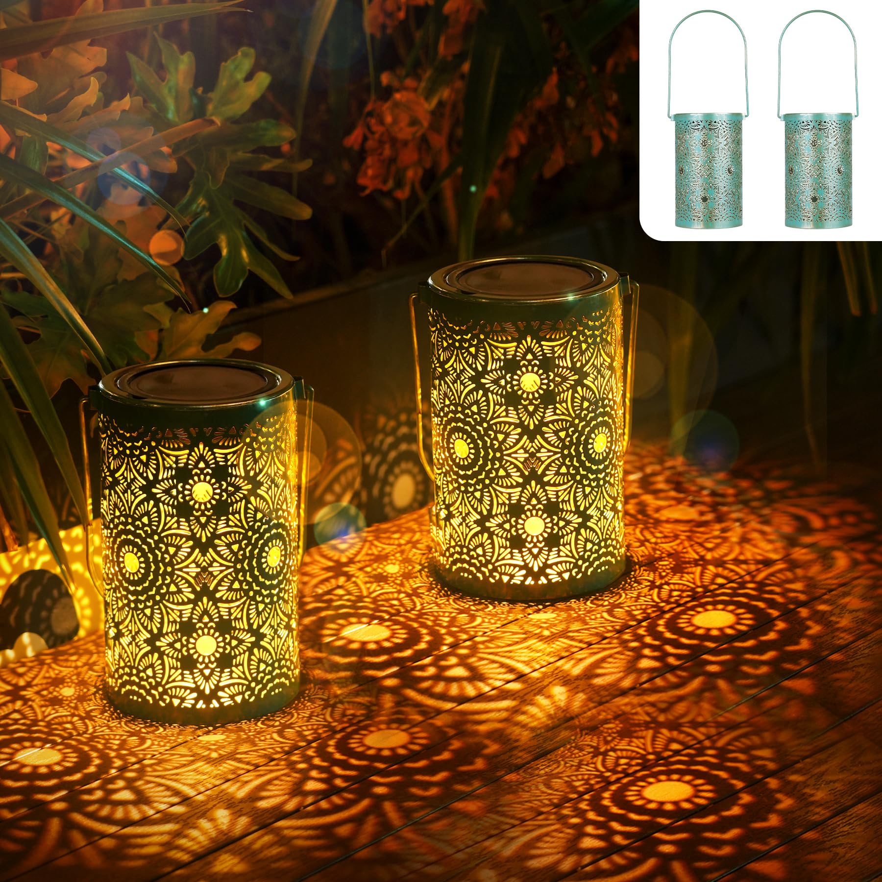 Bonsery 2 Stück Solarlaterne für Außen Hängend, IP65 Wasserdicht Metall Solarlampen für Außen Stehend, LED Warmweiß Solarleuchte für Außen Draußen Deko Garten, Gartengeschenke für Frauen, Mütter