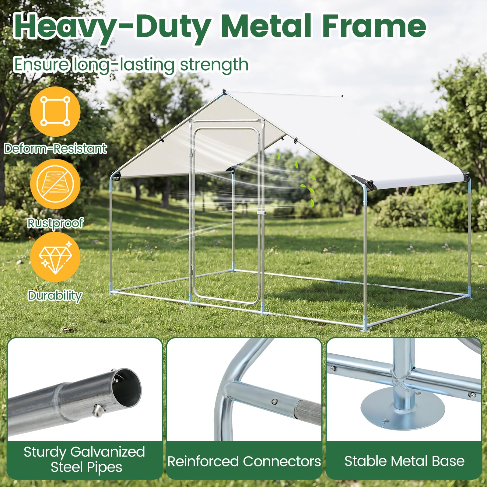 COSTWAY Hühnerstall 3x2x2m | 6 m², Freilaufgehege Metall, begehbarer Hühnerauslauf mit wasserfestem PE-Dach & Sicherheitsschloss, Hühnergehege für Hühner Geflügel Kleintiere, Silber