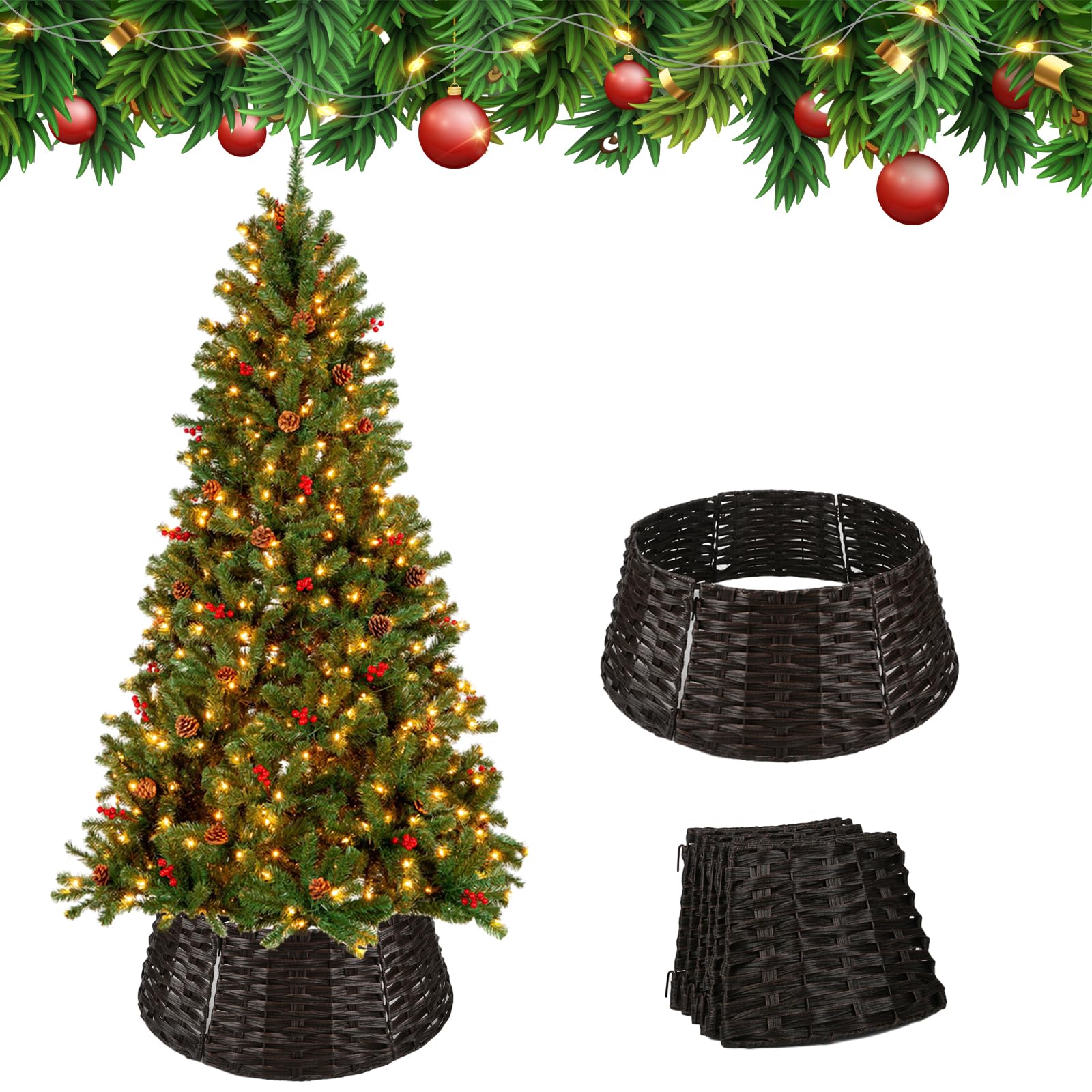 Christmas Tree Collar, Christmas Tree Base Cover, Plastic Wicker Christmas Tree Ring Basket for Artificial Christmas Trees Decoration, 26Inch Diameter Brown
