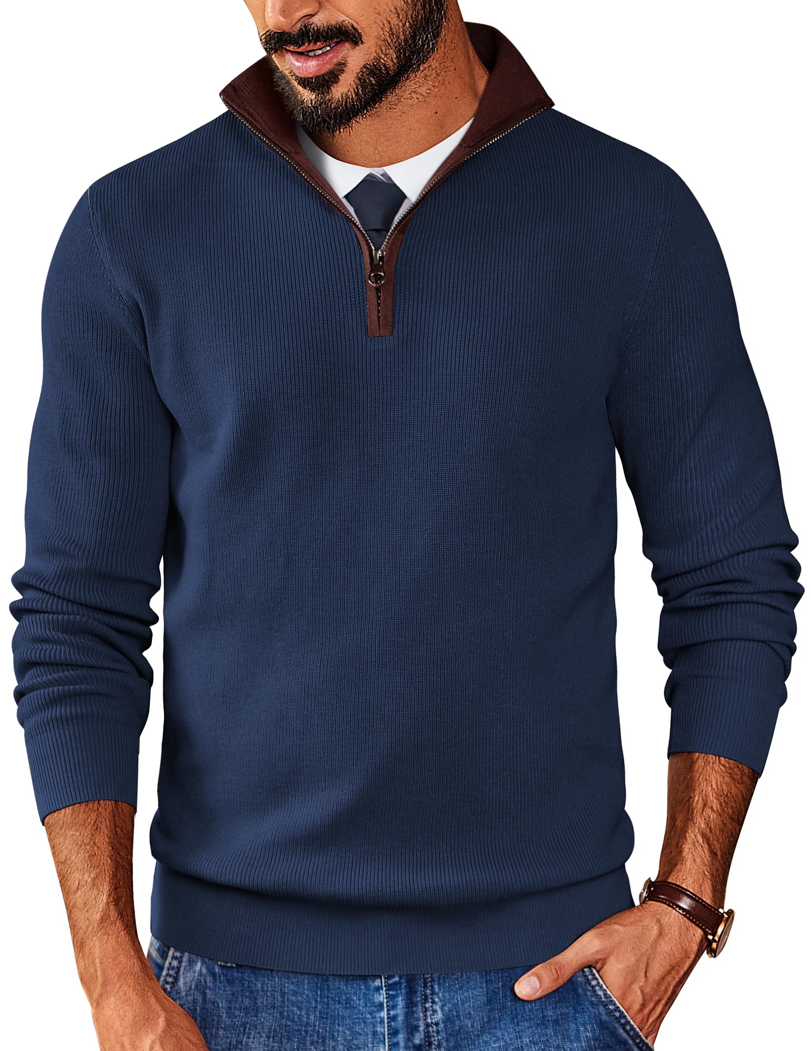 Mens Quarter Zip Sweater Slim Fit Mock Neck Pullover Casual Knitted Ribbed Polo Sweaters
