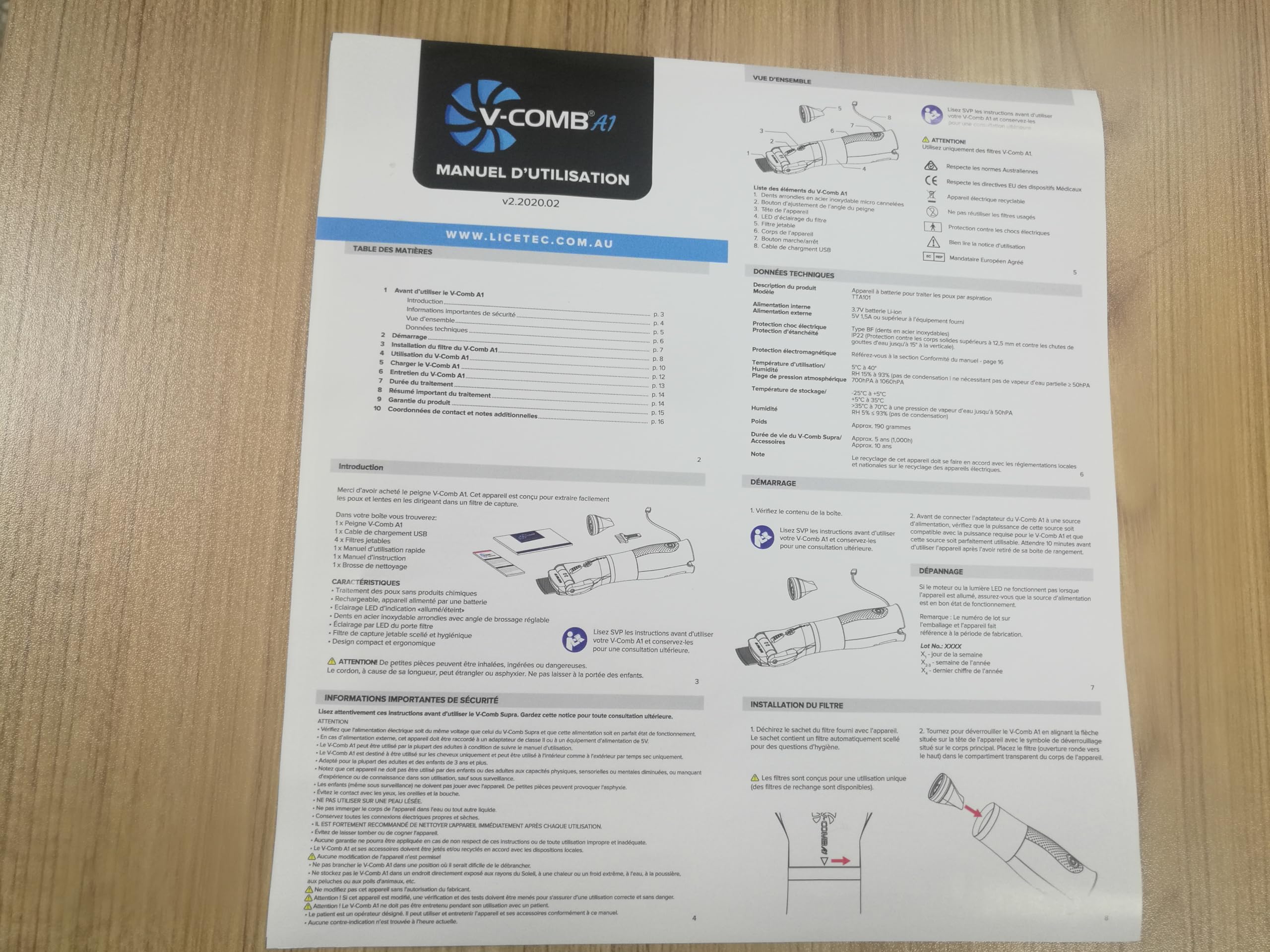 Peine de piojos V-comb + caja de 8 filtros