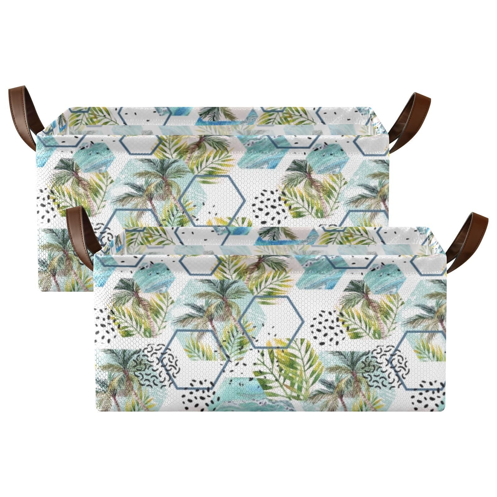 Fygkptb Tropical Leaves and Palm Trees Geometric Shapes Hexagons Marbling 2 PC Rectangle Foldable Frame Basket Leather Handles Storage Bin for Laundry Bathroom Organizer 16.9 x 11.4 x 7.7 inch