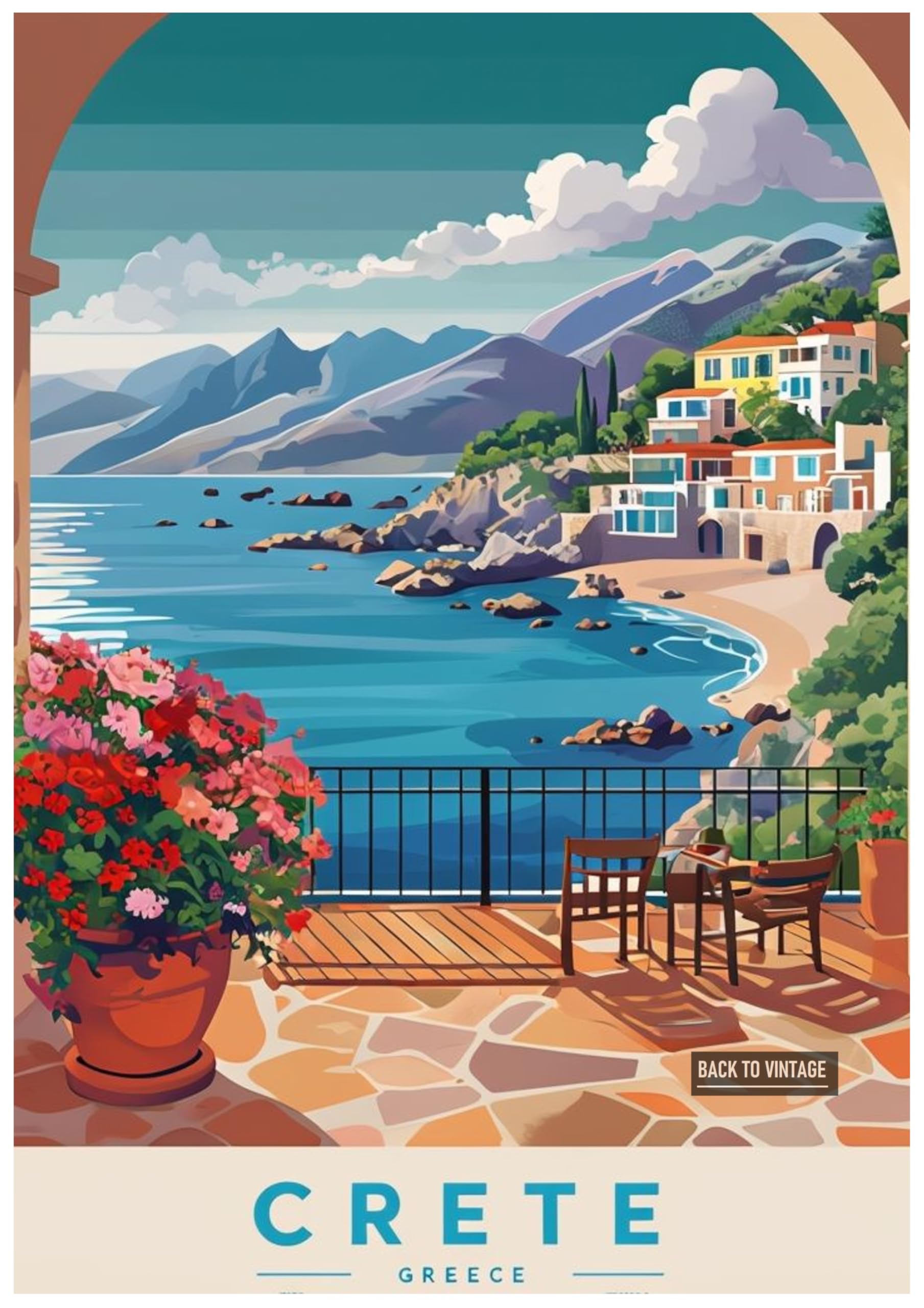Back To Vintage Multicoloured Vibrant Coastal Scene Of Crete Under An Arched Entrance - Retro Europe Travel Poster A4 Size Vintage Wall Art Print Of Famous European Destinations Ideal For Home Or Office Decor