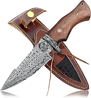 Damascus Steel Bull Cutter Knife with leather sheath, Hunting Knife with holster, Cowboy Bull Cutter, Fixed Blade Knife (Hunting knife Rose Wood) - VULTURE CRAFTS CLUB