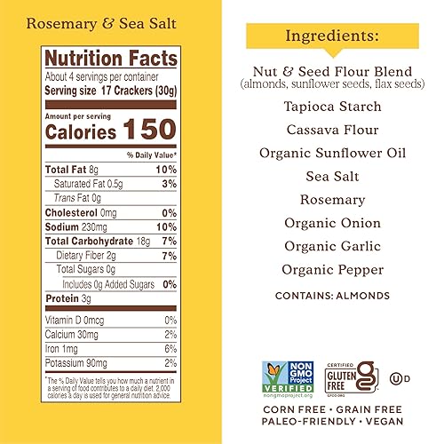 Vista 9 de Simple Mills Galletas de harina de almendras, tamaño familiar, romero y sal marina, sin gluten, veganas, bocadillos saludables, 7 onzas