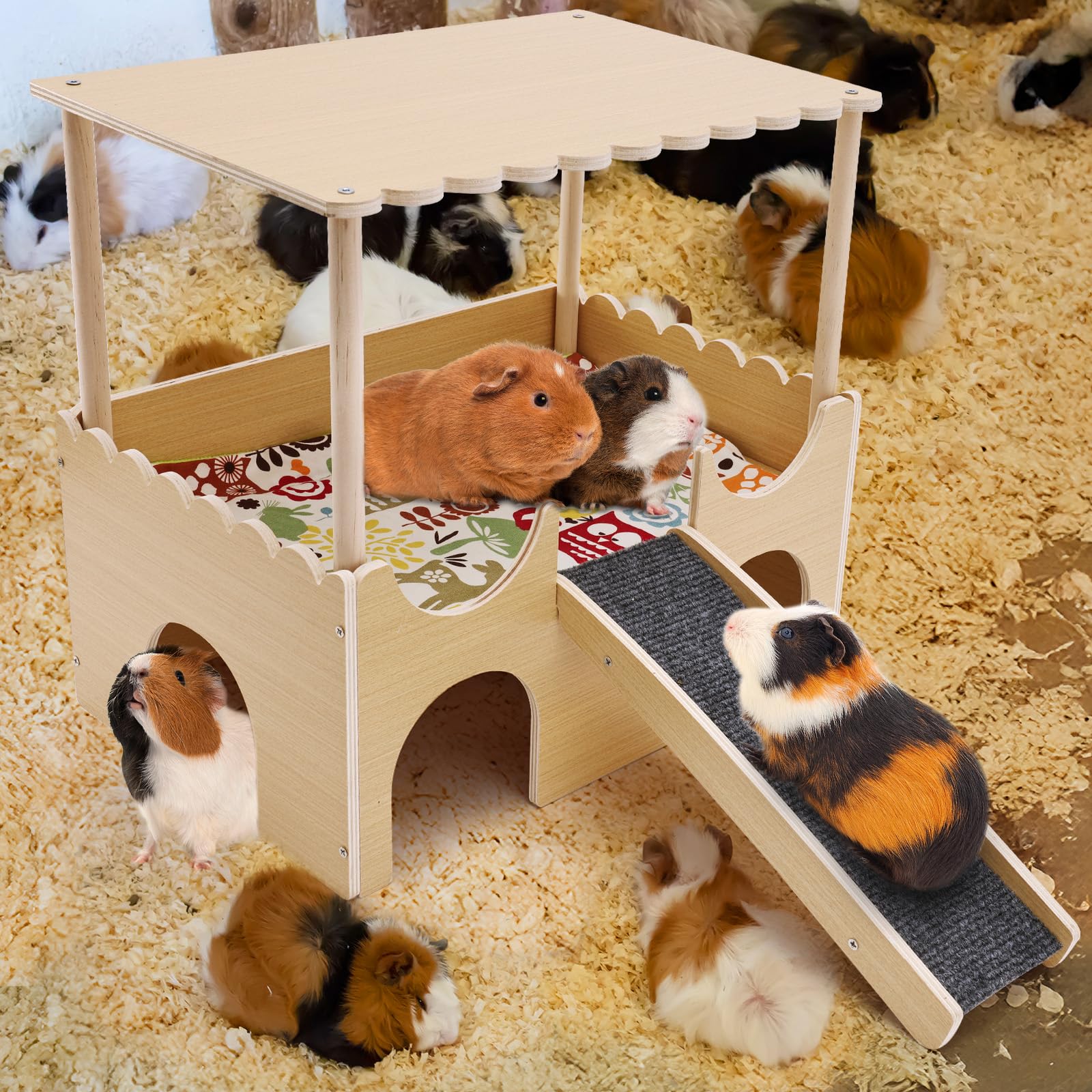 Drewniany domek dla świnki morskiej, łóżko dla chomików, dla świnek morskich z drabiną, 2 piętra kryjówki, domek dla małe zwierzęta akcesoria dla królik, szynszyli, fretek, 38 x 35,5 x 25 cm