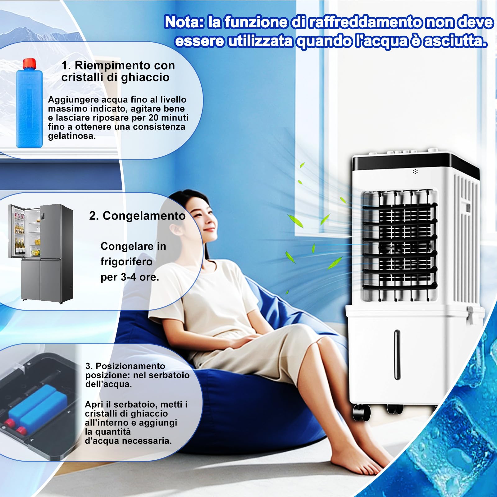 raffrescatore evaporativo,raffrescatore,condizionatore senza tubo,Base con ruota girevole,Oscillazione,Serbatoio Acqua da 15l,per Casa, Cucina, Dormitorio(Telecomando)