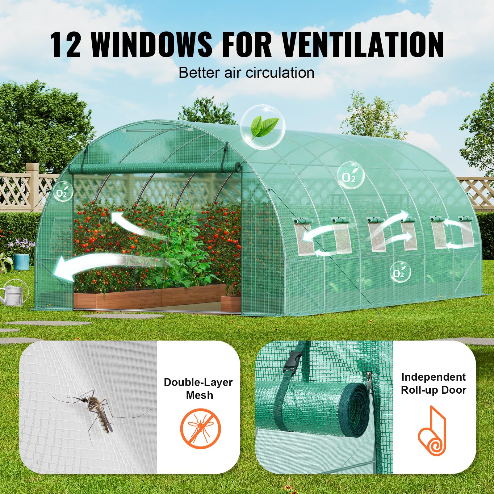 VEVOR Invernadero Túnel 590x295x198 cm Carpa Refugio para Plantas con Estructura de Acero Galvanizado Cubierta de PE Puerta Enrollable con Cremallera 12 Ventanas para Cultivo de Verduras Flores, Verde