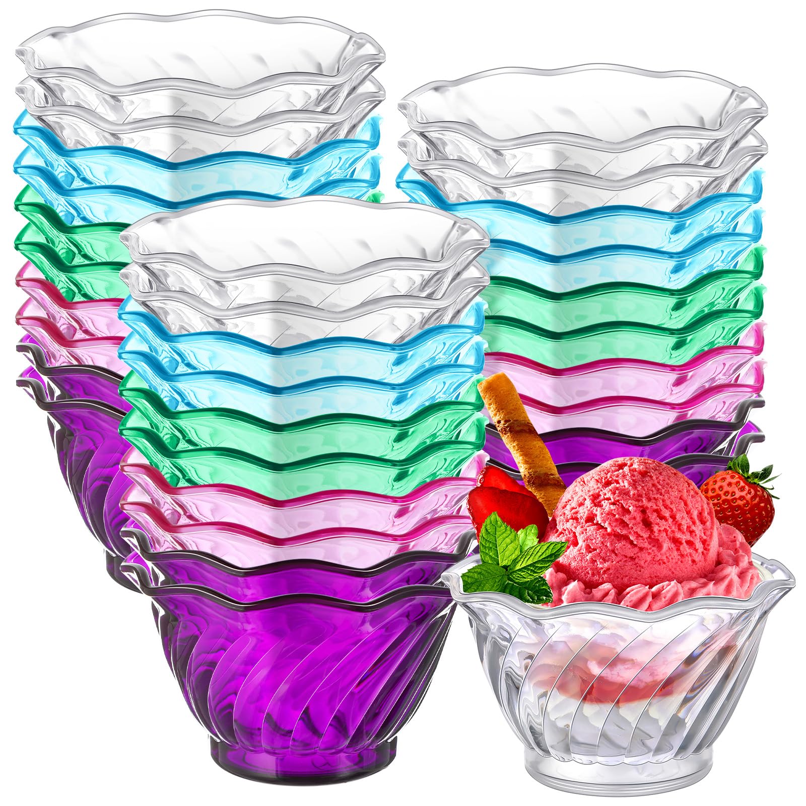 Rtteri 30 Pack Plastic Dessert Cups 6 oz Clear Ice Cream Sundae Tasting Bowls, Mini Round Swirl Tulip Shape Party Buffet Serving Cups for Yogurt Salad
