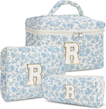Juoxeepy Initial Makeup Bag Quilted Cosmetic Bag for Women Monogram Toiletry Bag 3pcs Set Coquette Floral Letter Beauty Bag