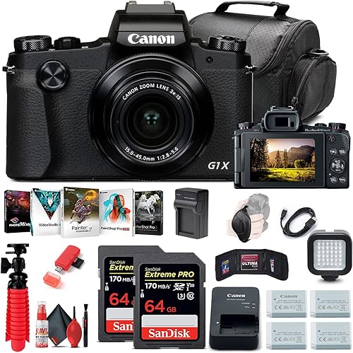 Canon Cámara digital PowerShot G1 X Mark III (2208C001) + 2 tarjetas de memoria de 64 GB + 3 baterías NB13L + software de fotos Corel + cargador +