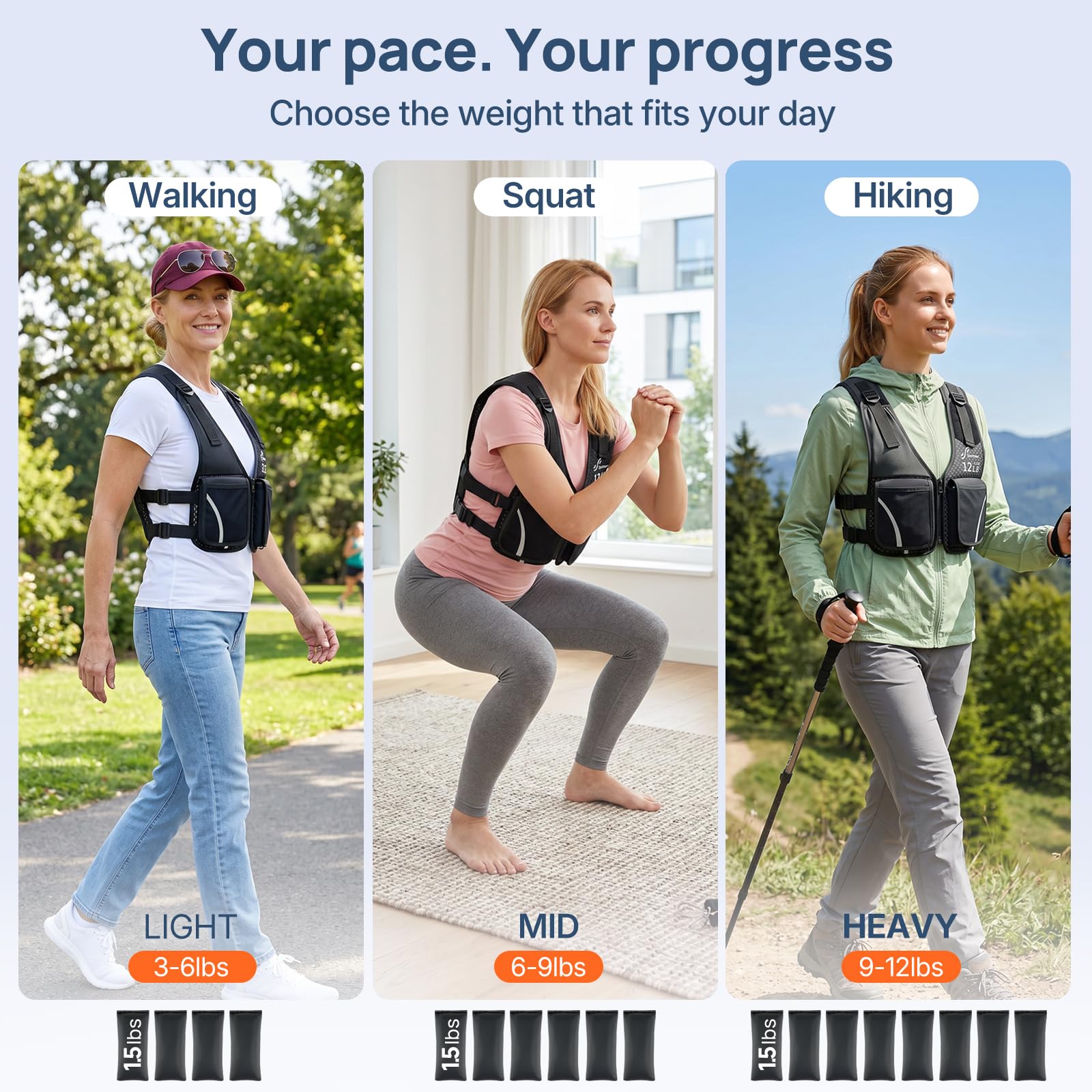 Sportneer 0–5,4 kg Verstellbare Gewichtsweste für Walking, Schwarz | Leichte Gewichtsweste für Damen mit Handytasche und Flaschenhalter, bequeme Weste zum Gehen, Joggen und Krafttraining