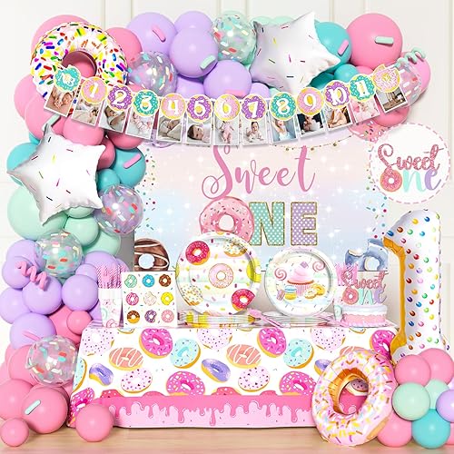 195 piezas de decoración de fiesta de cumpleaños Sweet One, suministros de fiesta de Hombae Donut para niña, telón de fondo, guirnalda de globos,