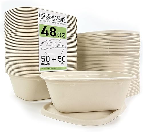 Recipientes desechables de 48 onzas con tapas, bambú biodegradable ecológico y caña de azúcar, resistentes y a prueba de fugas, aptos para