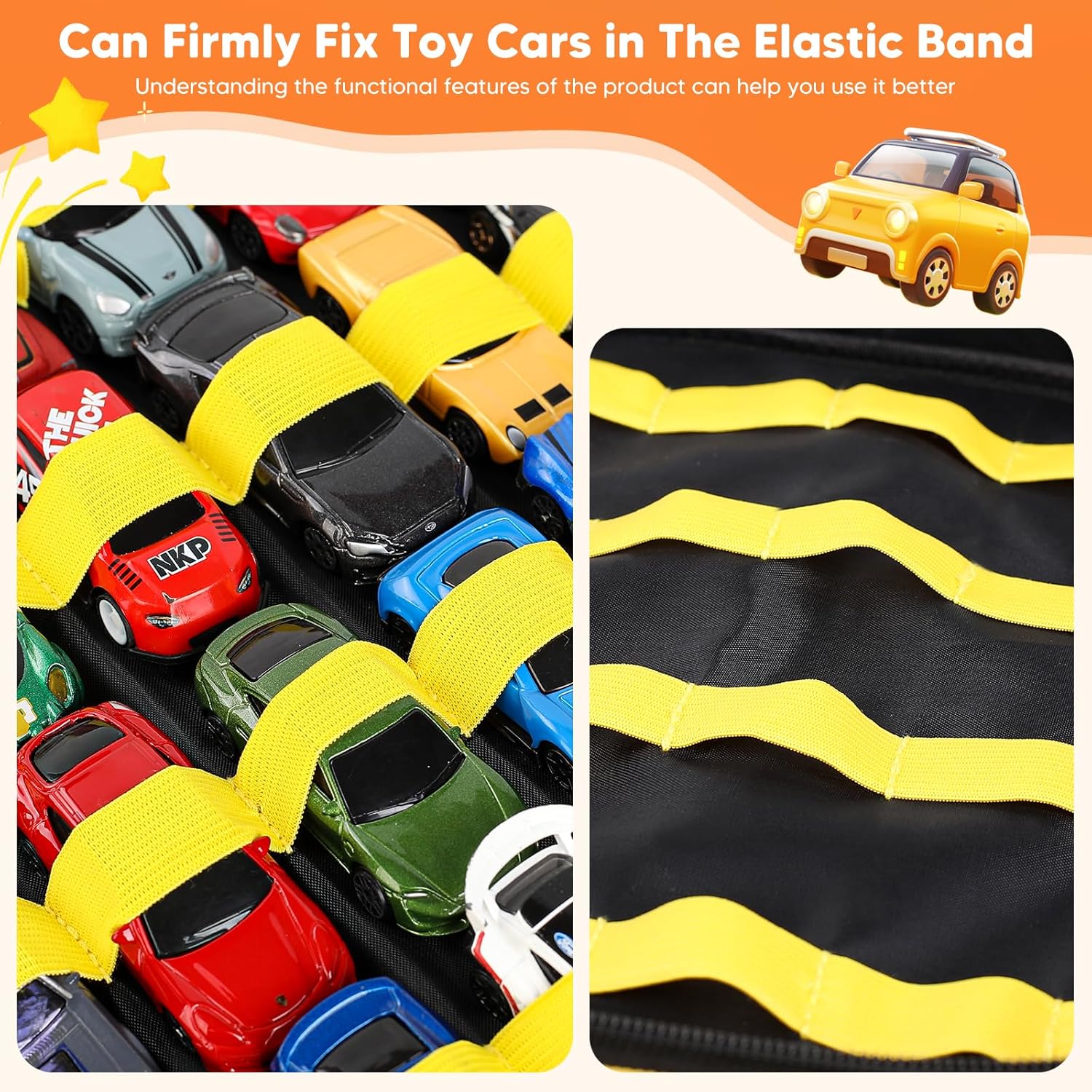 Toy Car Storage Bag Compatible with 1:64 scale HotWheels Mini Car & Monster Truck Series—Holds Up to 96 Mini Toy Cars and 9 Monster Trucks (Yellow)