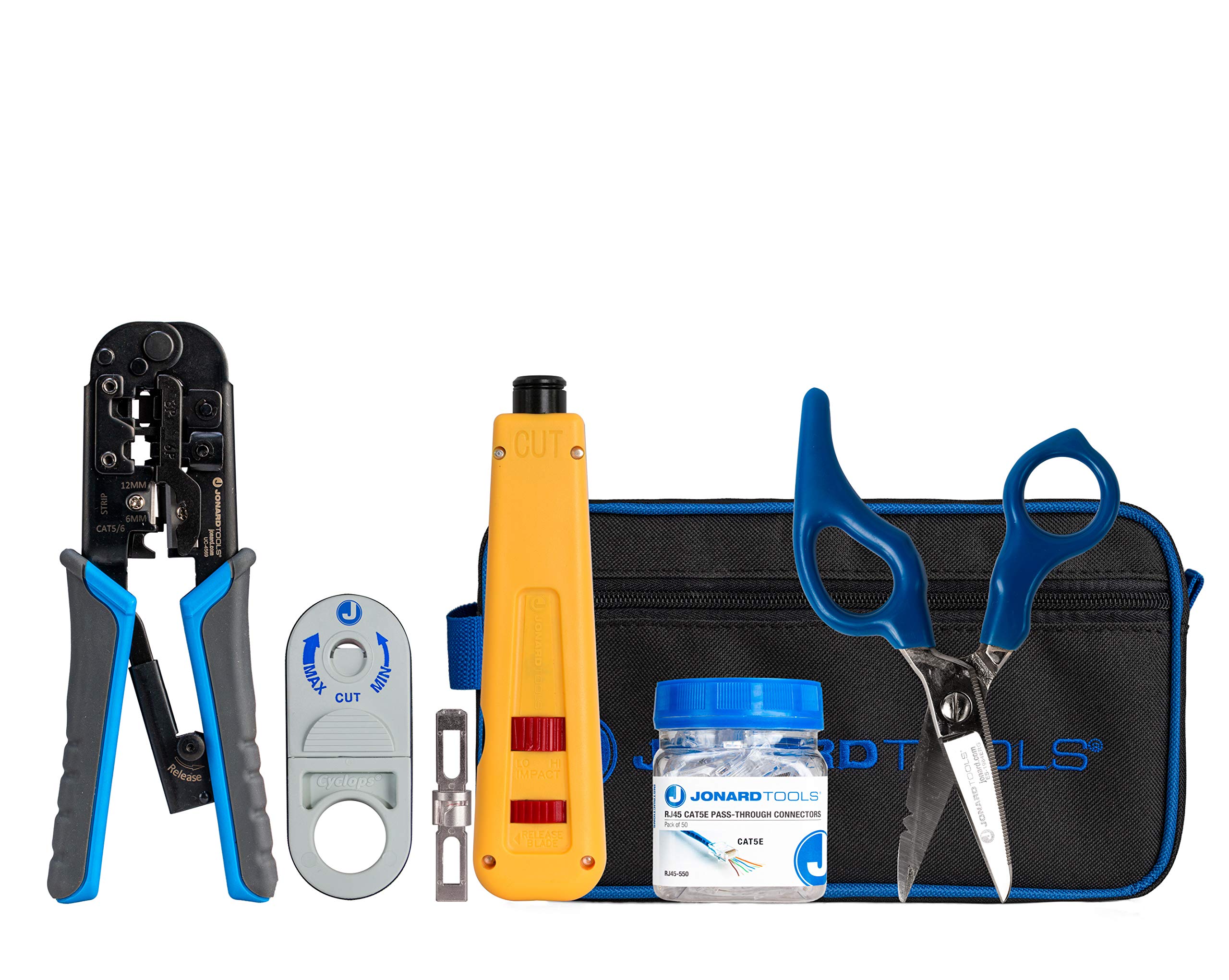 Jonard Tools TK-RJ550 VDV Installation Tool Kit with Network Crimping Tool, Wire Stripper, Punchdown Tool, RJ45 Connectors, and Ergonomic Scissors