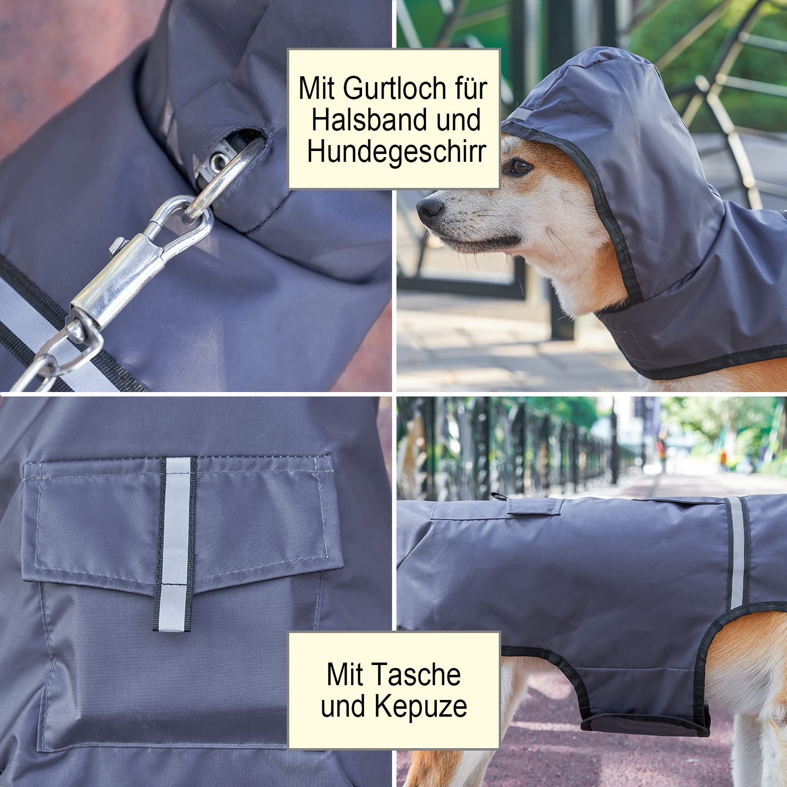 KoKoBin Impermeabile Cane Giacca riflettente per cani con cappuccio Foro del collo con cappuccio Super leggera e traspirante impermeabile per cani di taglia media e grande(Grigio,2XL)
