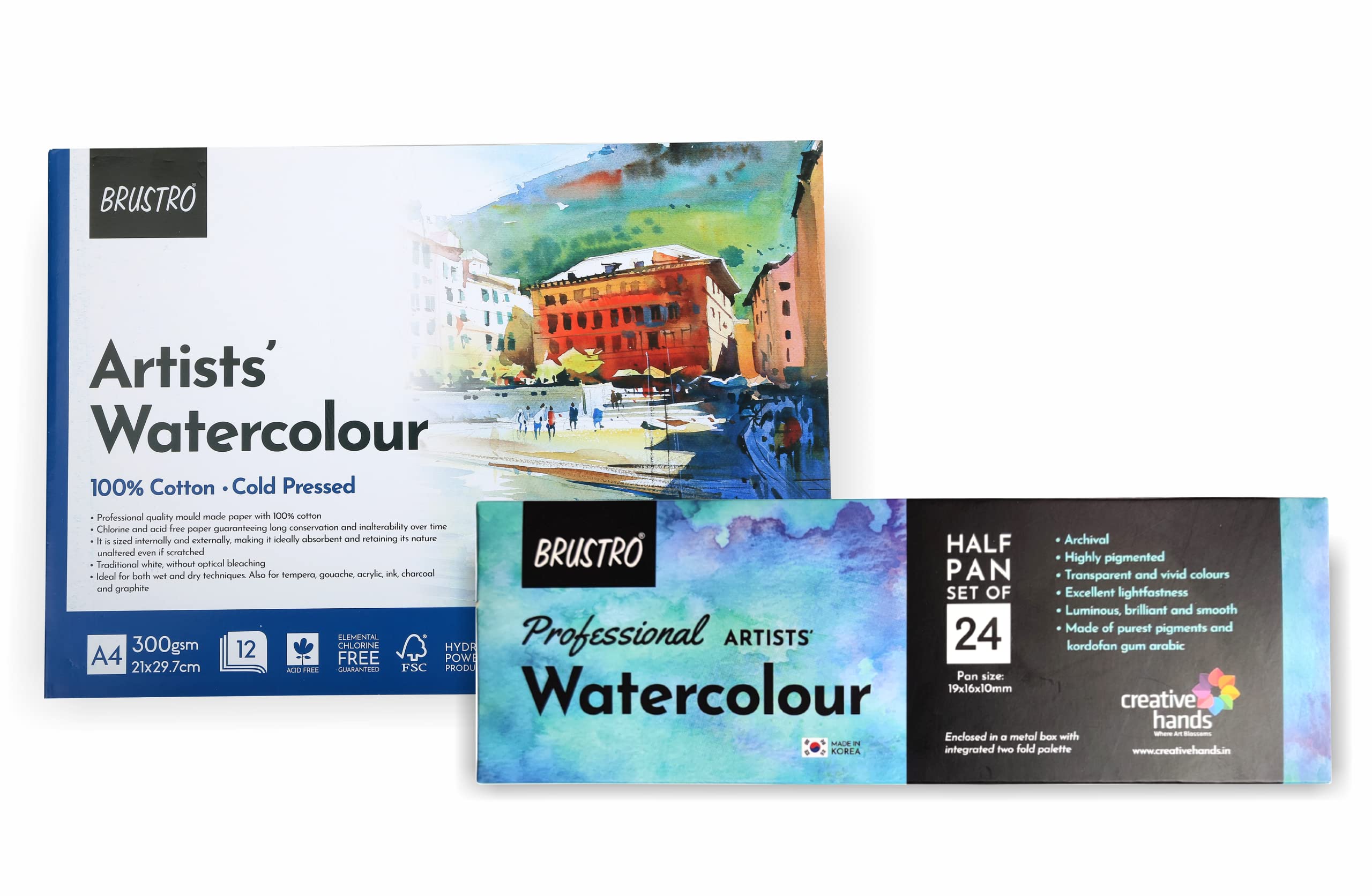 BRUSTRO Professional Artists Watercolour 24 Half Pan Set with Cold Pressed Watercolour Pad - 100% Cotton, 300 GSM, A4, 12 Sheets | Pigmented, Transparent, Intermixable Colours, watercolor. (B094YPX77T) Amazon Price History, Amazon Price Tracker