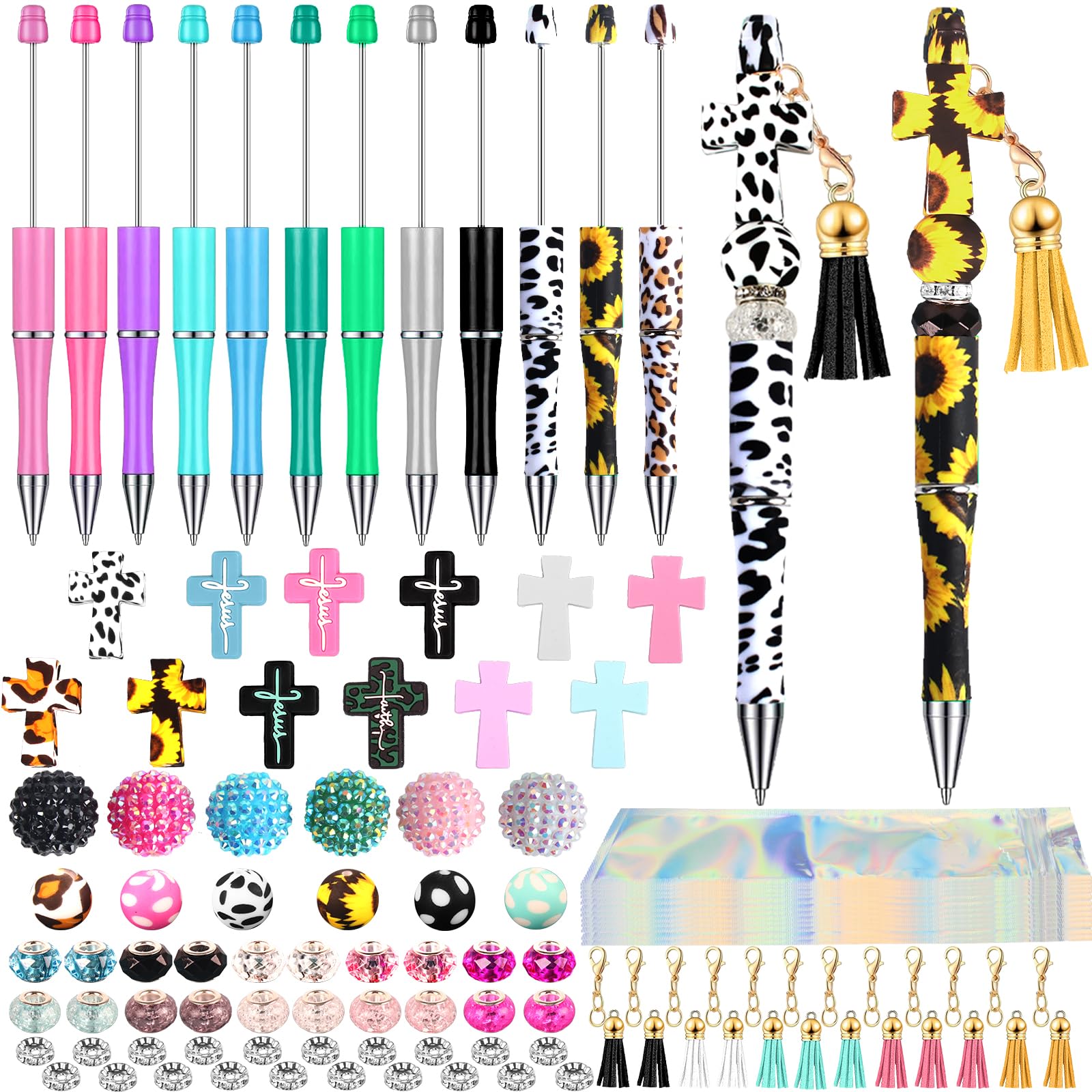 Tkifoda 112 Pcs Beadable Pens Bulk 12 Pcs Jesus Assorted Colors Beads Tassels DIY Making Kit Multicolor Cross Silicone Focal for Pens Ball Point Pen