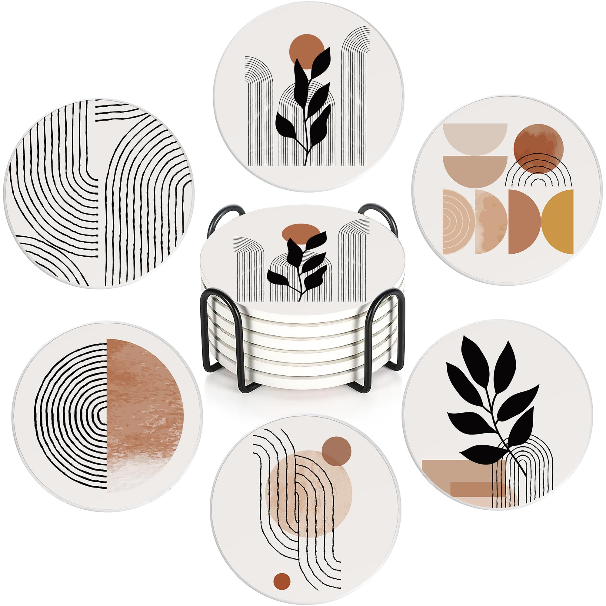 Boho Abstract Minimal Art Coasters Set of 6,Absorbent Ceramic Coasters with Cork Base,Round Coaster Mats for Cold Drinks & Mugs, Rustic Home Decor + Holder