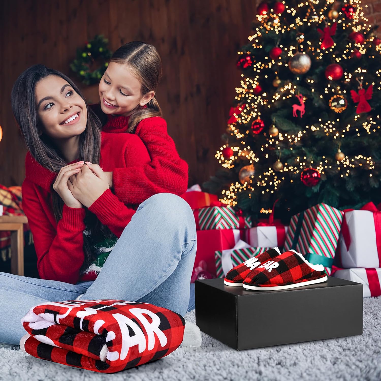 4 Pcs Christmas Blanket for Mom Mama Bear Gifts from Mama Daughter Son Bear Wearable Blanket Slippers Cup Gift