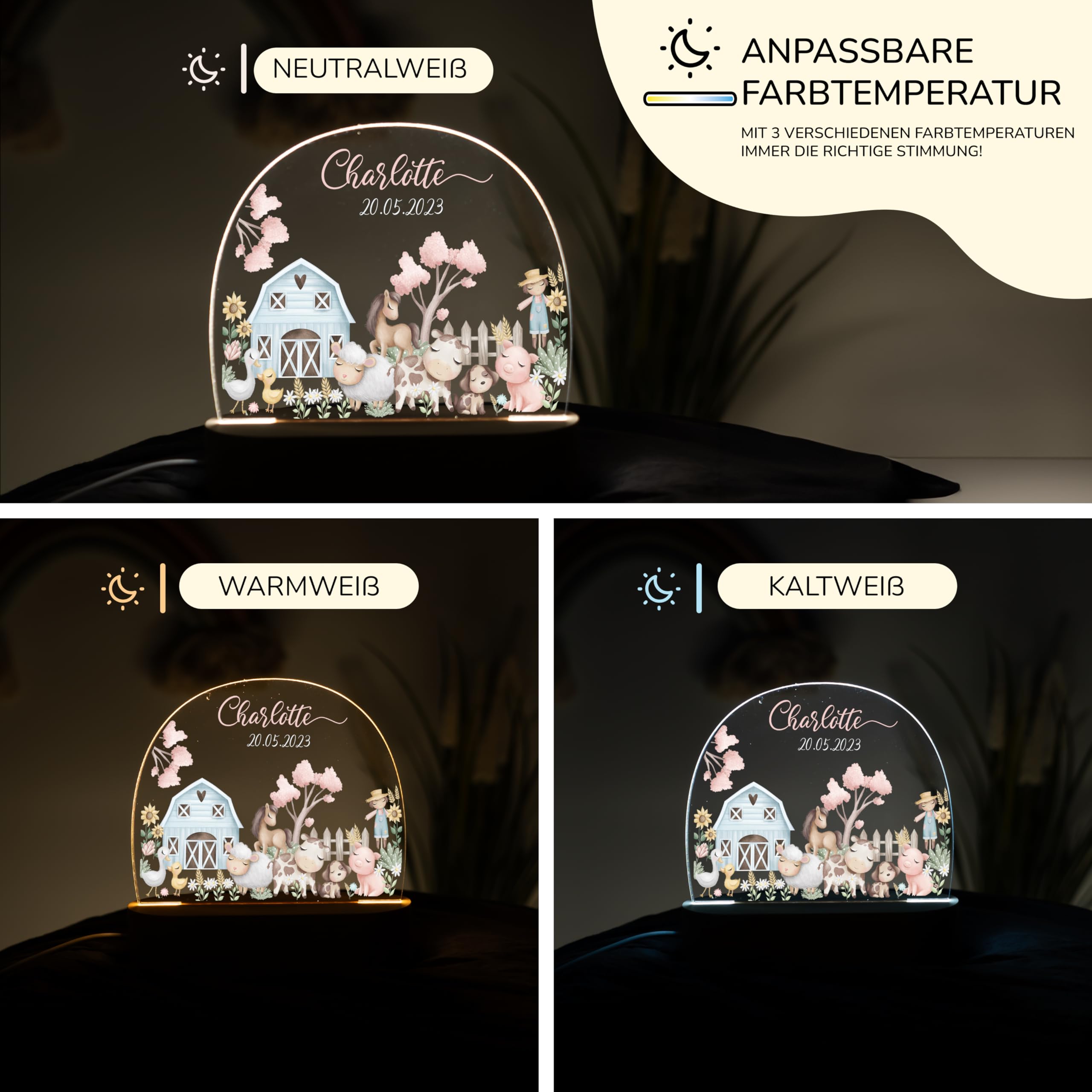 Kidsmood Personalisiertes Nachtlicht Baby mit Namen - Stilllicht Kinder LED, dimmbar, Holz - Babygeschenk Geburt, Taufgeschenk Mädchen Jungen, Kinderzimmer Lampe & Schlummerlicht [Bauernhof Freunde]