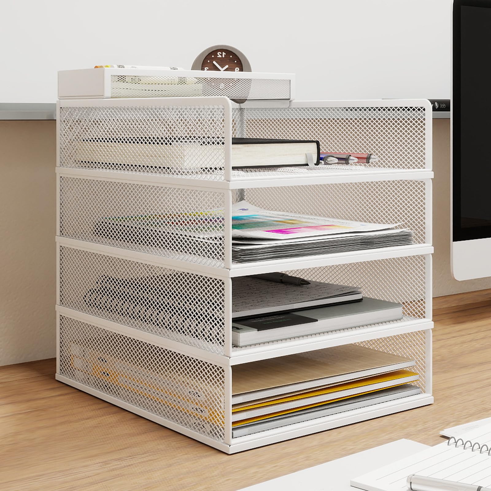 PUNCIA Porta Documenti da Scrivania in Metallo a 4 Livelli Organizer | Documenti Vassoio Porta Documenti Accessori Ufficio Vassoio per Lettere A4 Tavolo per Ufficio Domestico e Scola (Bianco)