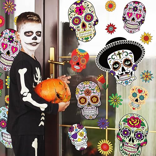 Miniatura 3 de Whaline 9 hojas de calcomanías para ventana con diseño de calavera de azúcar de doble cara para Halloween, patrones de flores coloridas, calcomanías