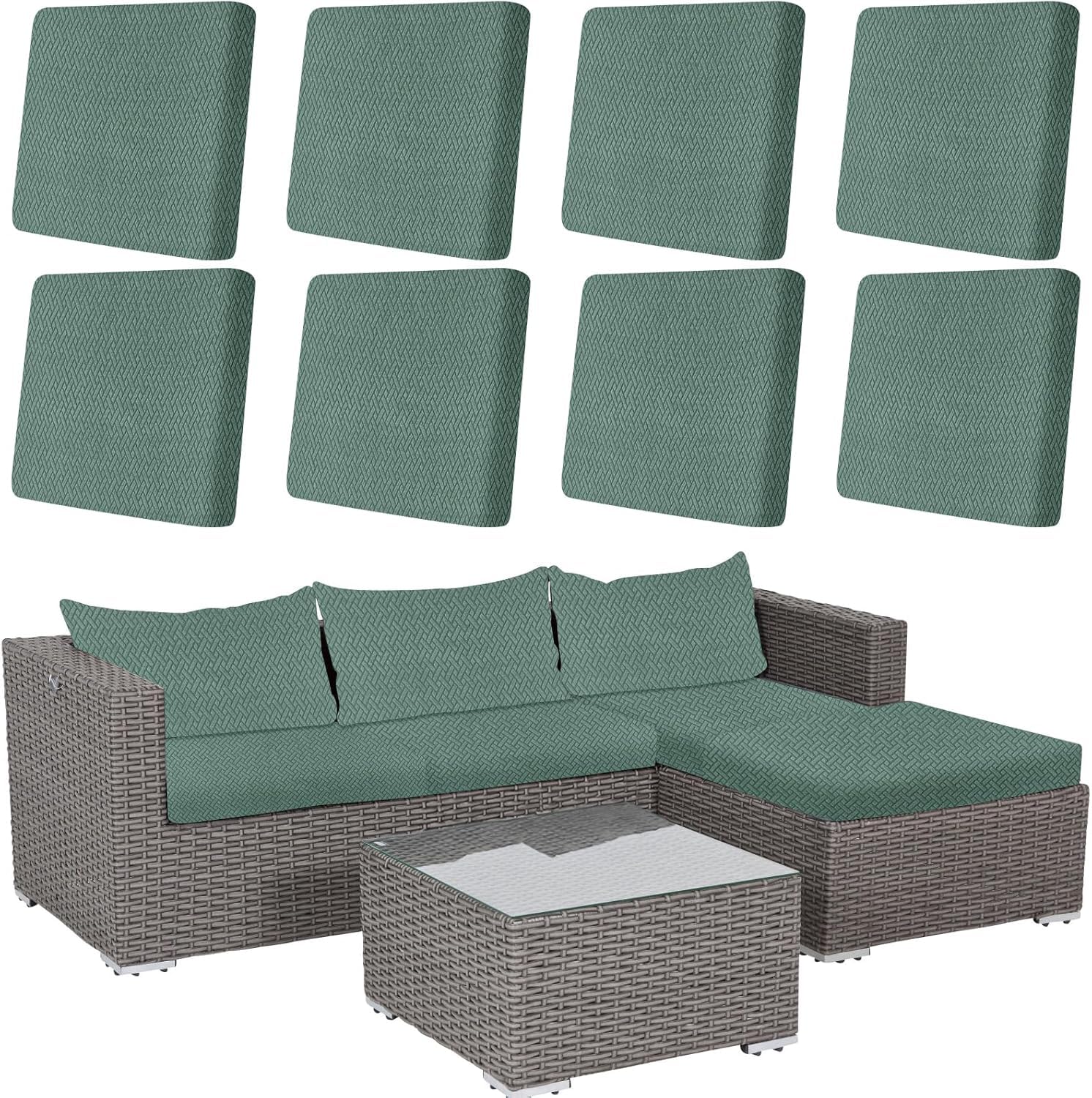 8 Pcs Stretch Patio Cushion Cover Outdoor Cushions Cover Slipcovers Couch Covers Replacement Sofa Cushions Covers Thick Jacquard Textured Twill Fabric Patio Furniture (Green) — image 1